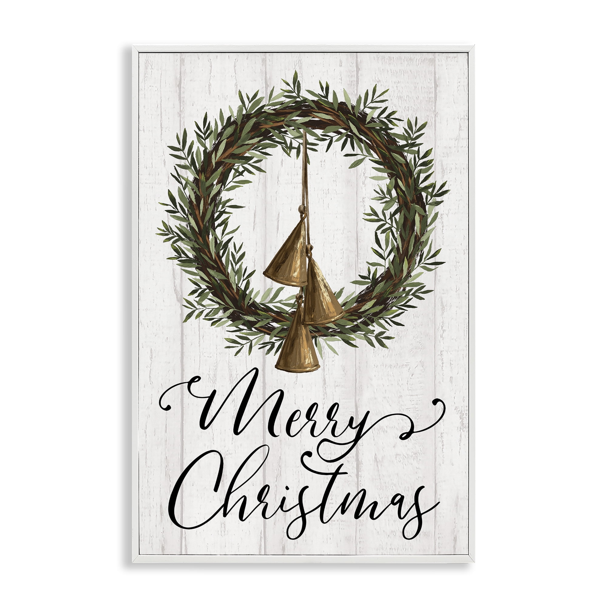 Stupell Industries Christmas Wreath & Bells Holiday Painting White Framed Art Prints Wall Art, 16 x 24