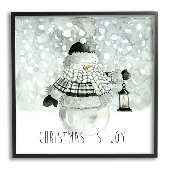 Stupell Industries Christmas is Joy Snowman Holiday Painting Black Framed Art Print Wall Art, 12 x 12