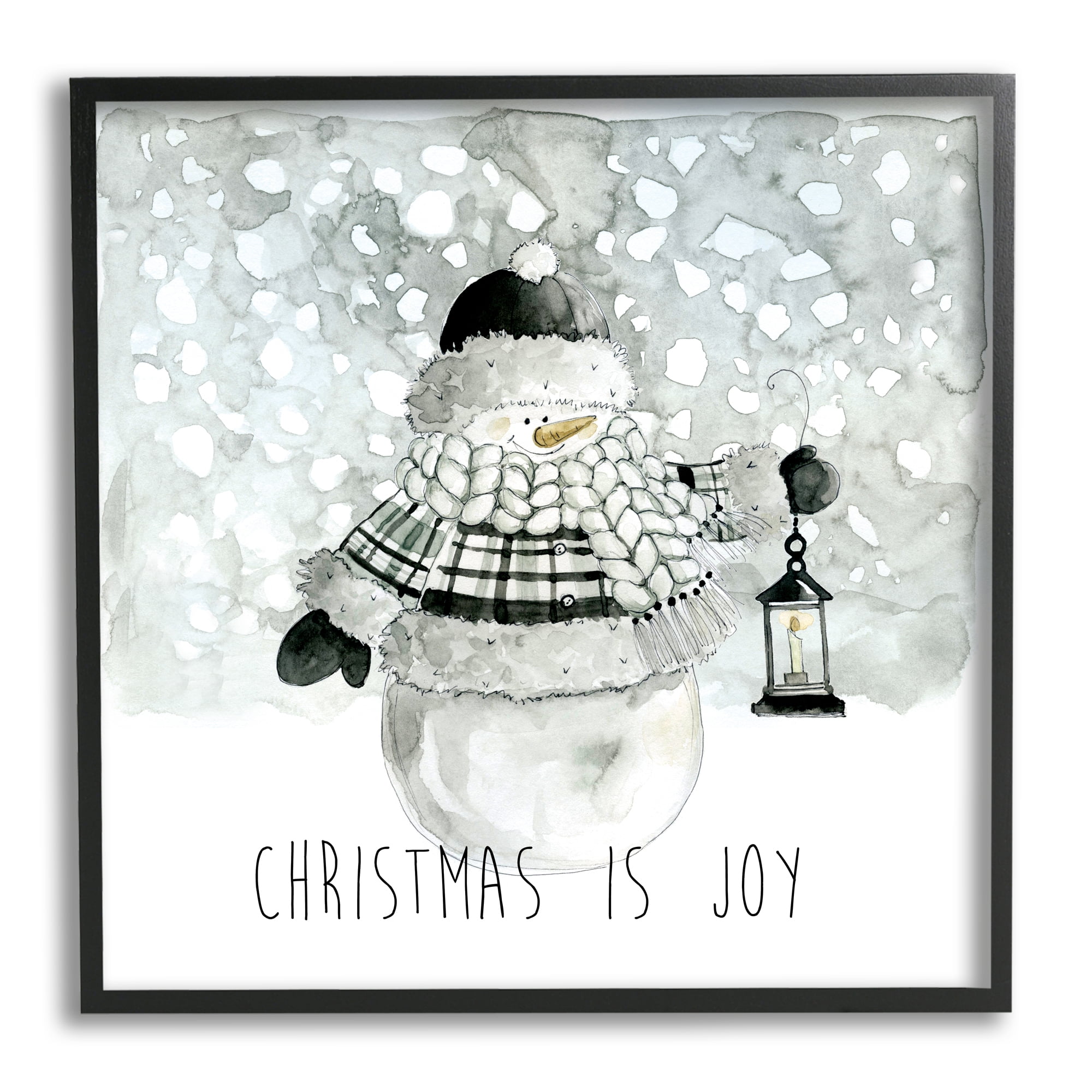 Stupell Industries Christmas is Joy Snowman Holiday Painting Black Framed Art Print Wall Art, 24 x 24
