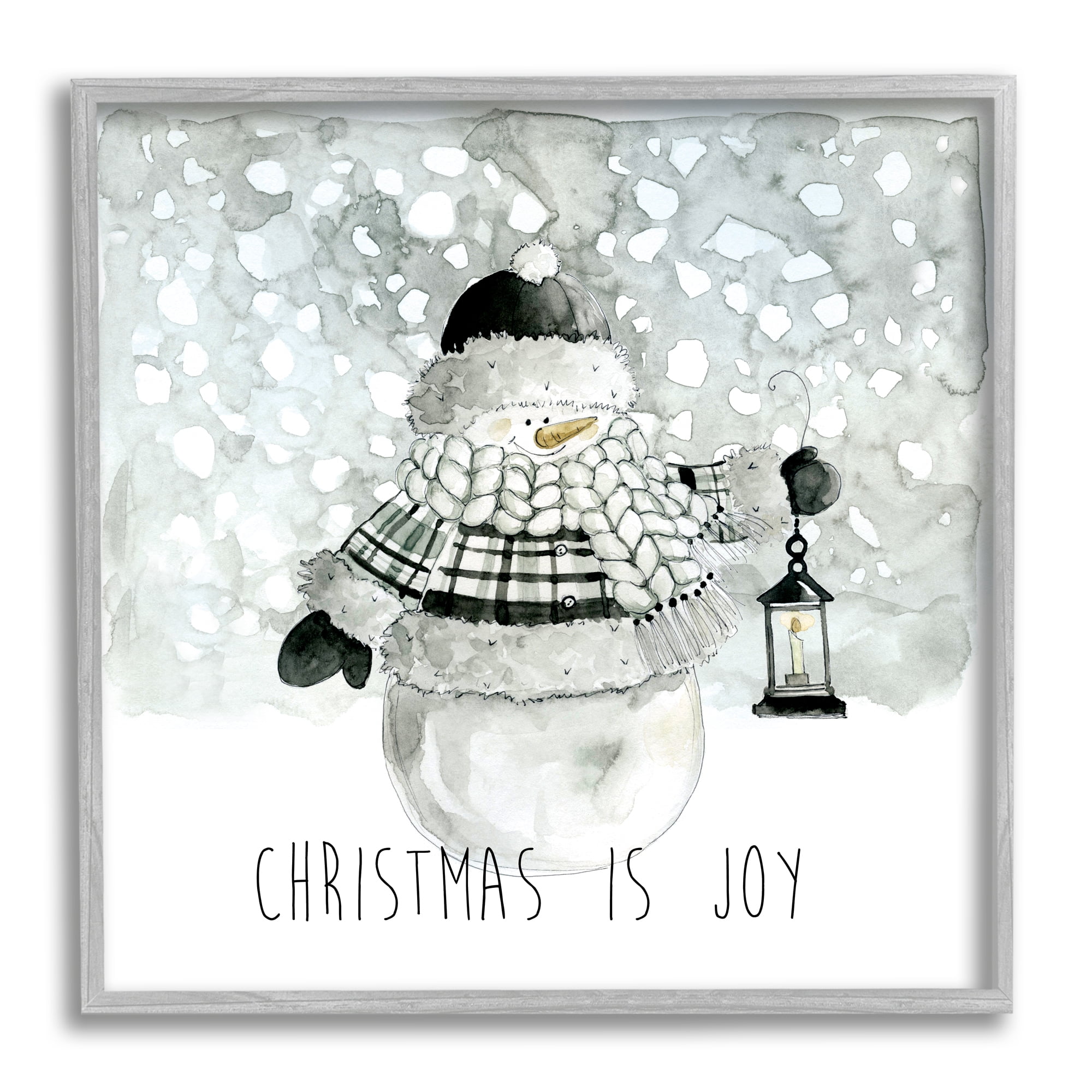 Stupell Industries Christmas is Joy Snowman Holiday Painting Gray Framed Art Print Wall Art, 12 x 12