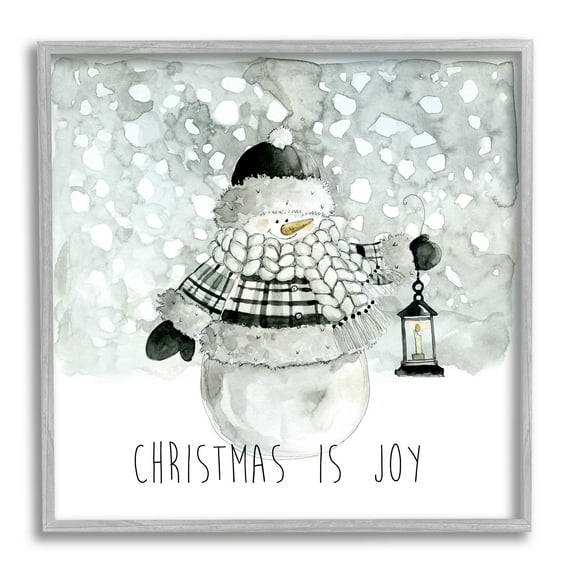 Stupell Industries Christmas is Joy Snowman Holiday Painting Gray Framed Art Print Wall Art, 24 x 24