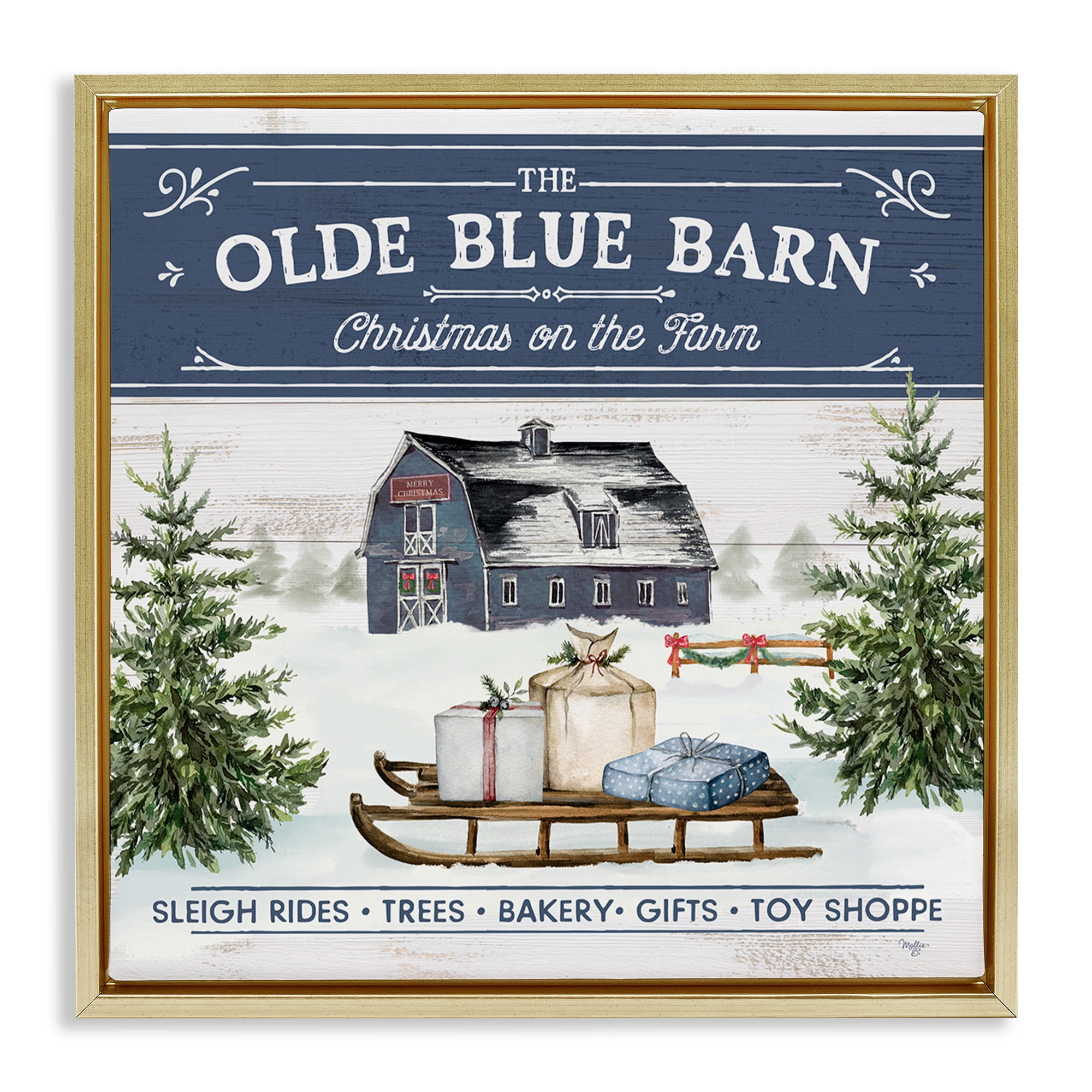 Stupell Industries Christmas on Farm Phrase Holiday Painting Gold Floater Framed Canvas Art Print Wall Art, 25 x 25