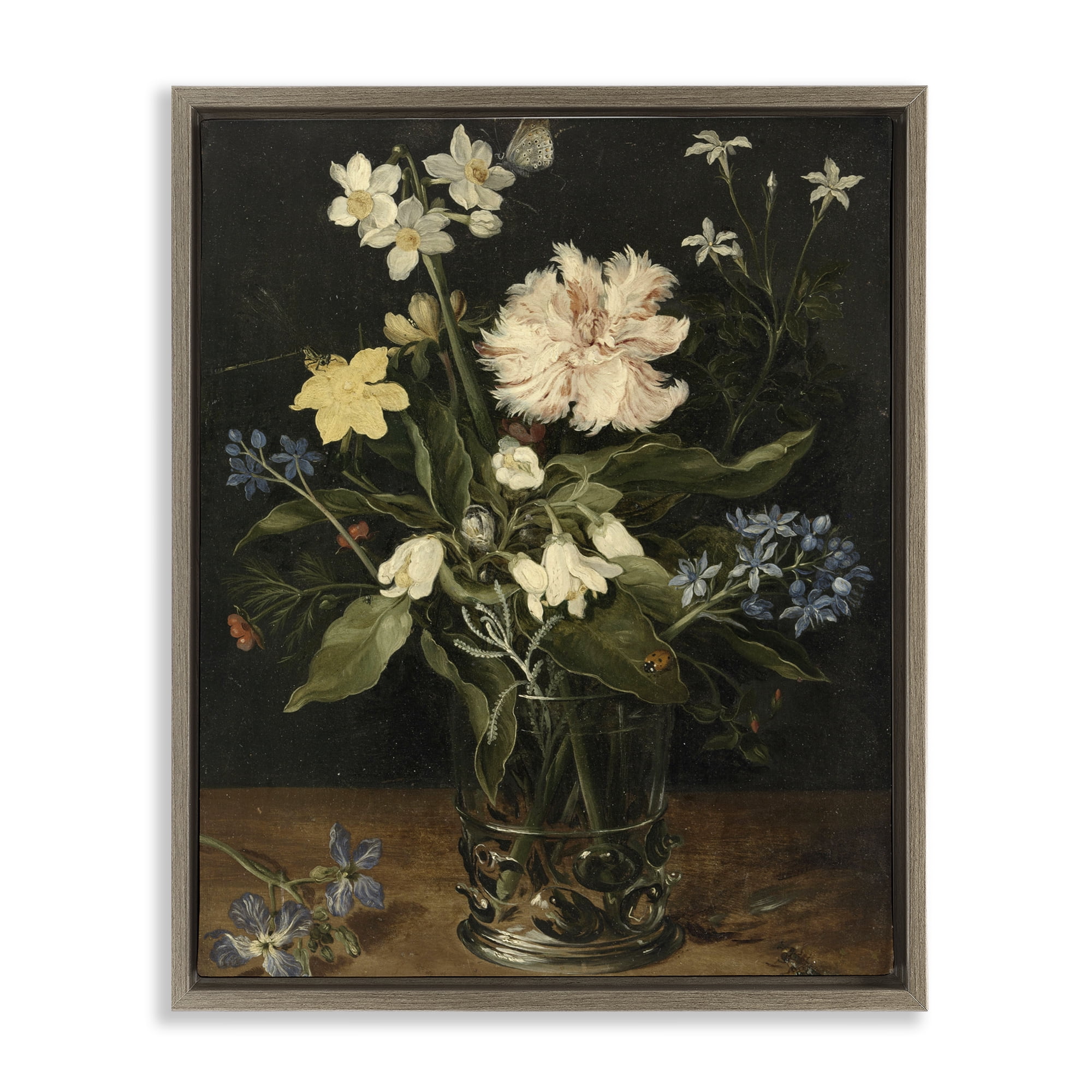 Stupell Industries Chrysanthemum & Flowers in Vase Brown Framed Floater Canvas Wall Art, design by Vintage Hustle