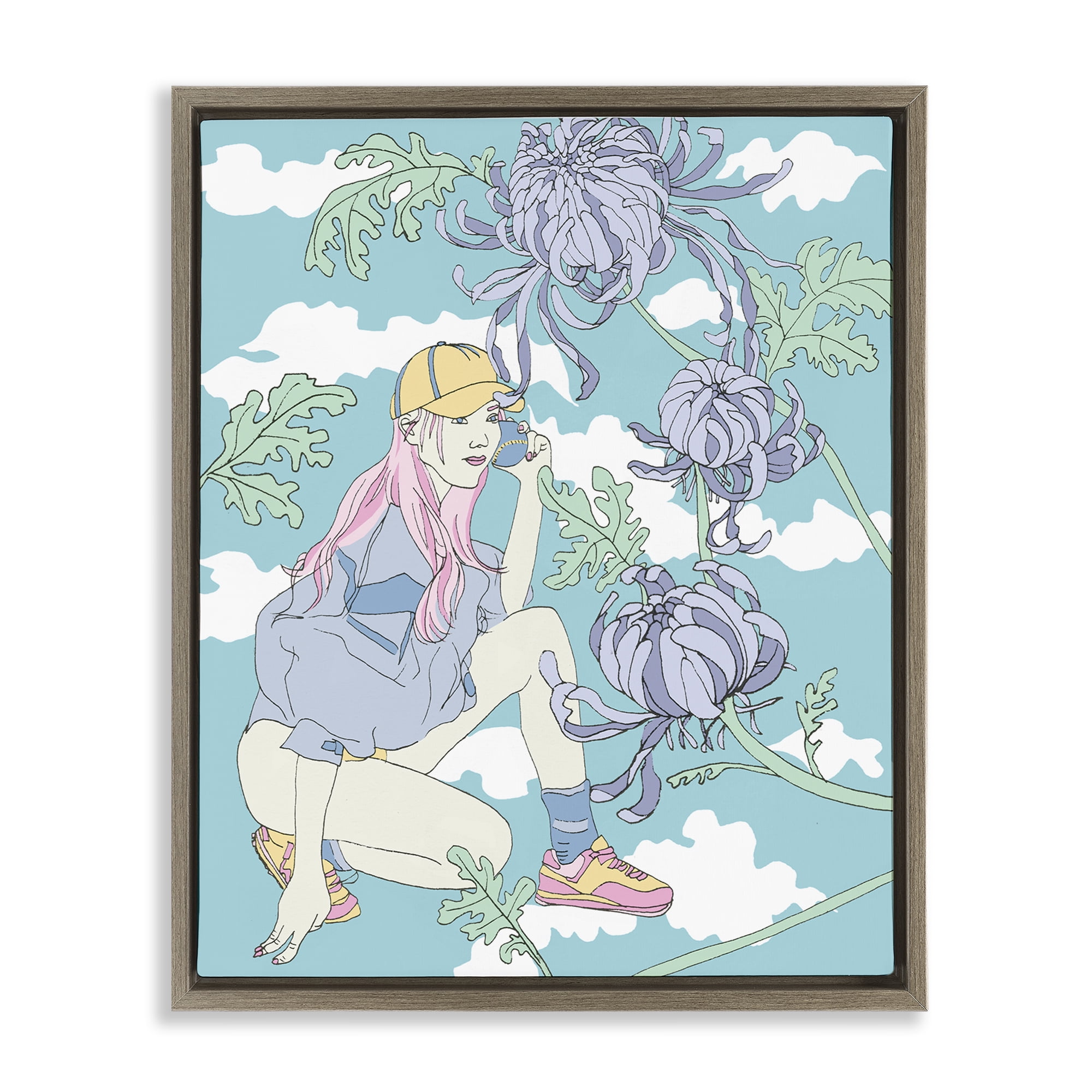 Stupell Industries Chrysanthemums & Workout Girl People Painting Brown Floater Framed Canvas Art Print Wall Art, 17 x 21