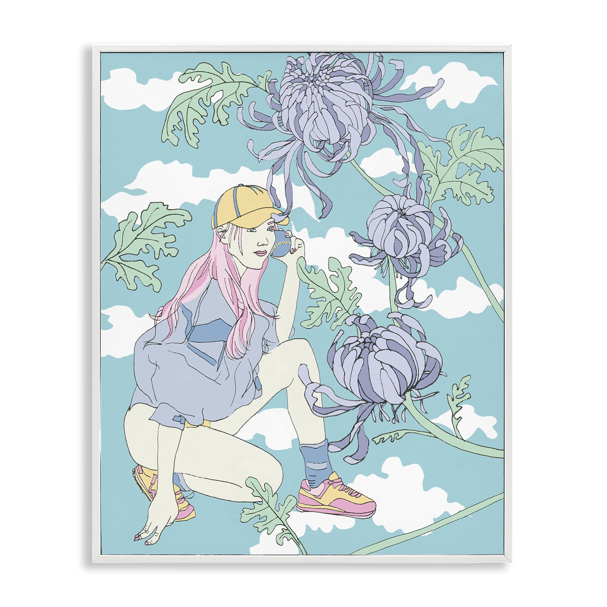 Stupell Industries Chrysanthemums & Workout Girl People Painting White Framed Art Print Wall Art, 11 x 14