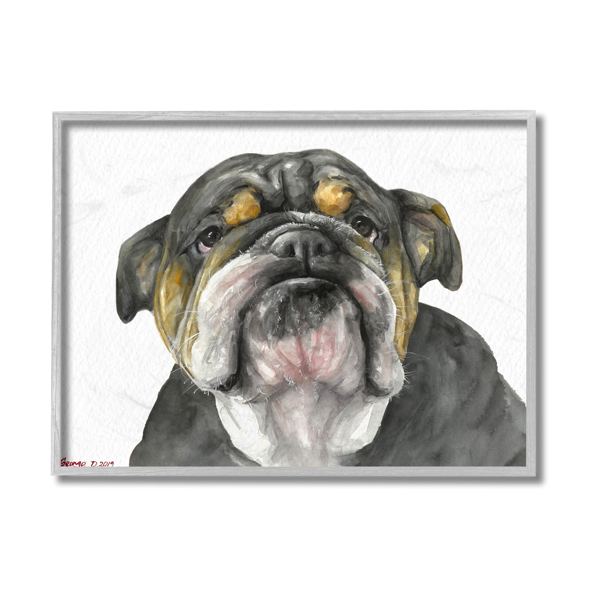 Stupell Industries Chubby Bulldog Portrait Old Dog Charm Black Brown Grey Framed, 16 x 20, Design by George Dyachenko