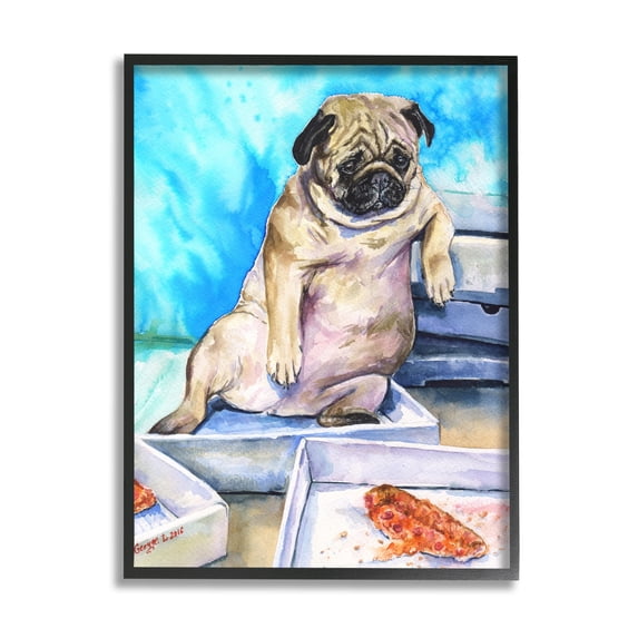 Stupell Industries Chubby Pug Dog with Pizza Boxes Pet Portrait Black Framed, 11 x 14, Design by George Dyachenko