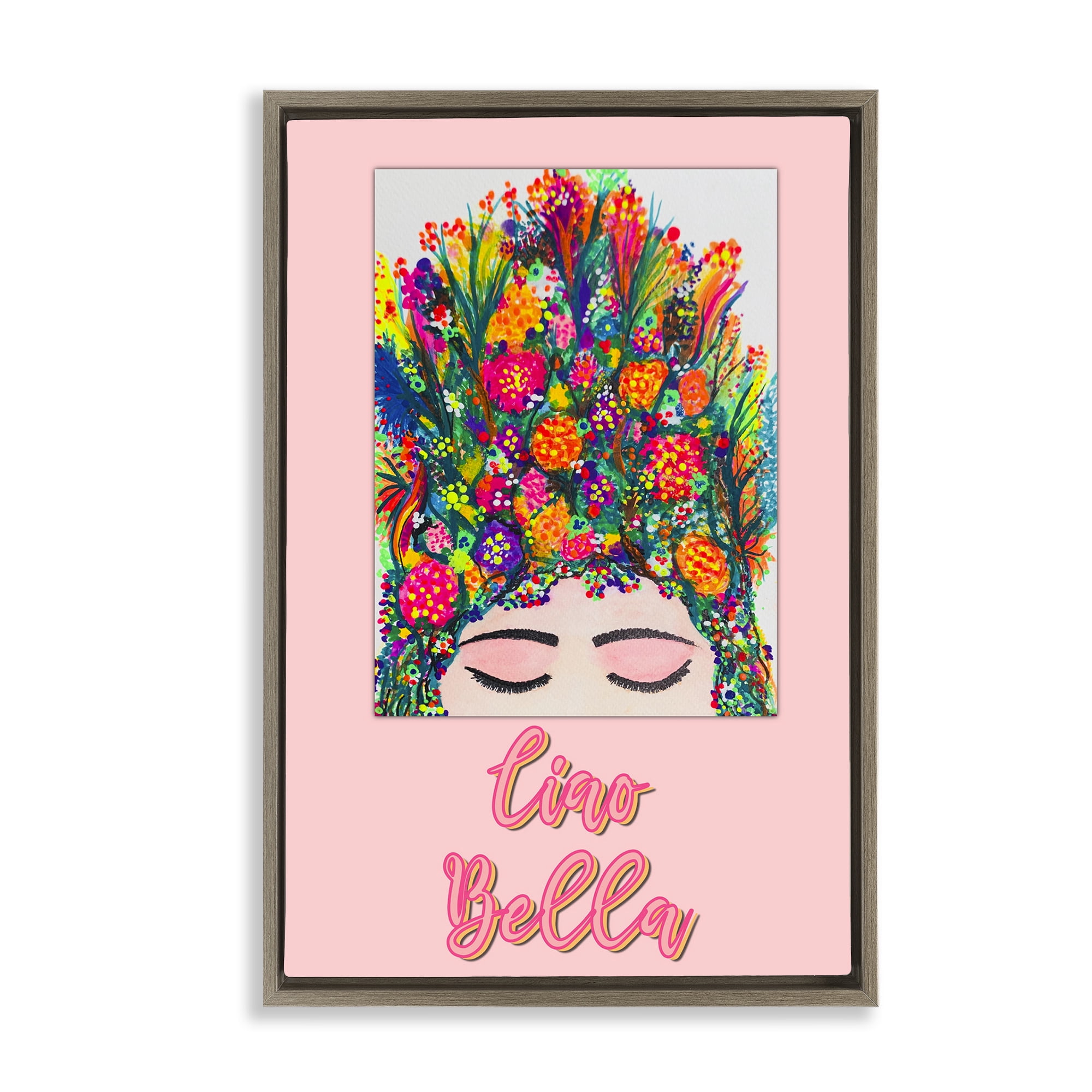 Stupell Industries Ciao Bella Floral Woman Brown Framed Floater Canvas Wall Art, design by Pooja Dave