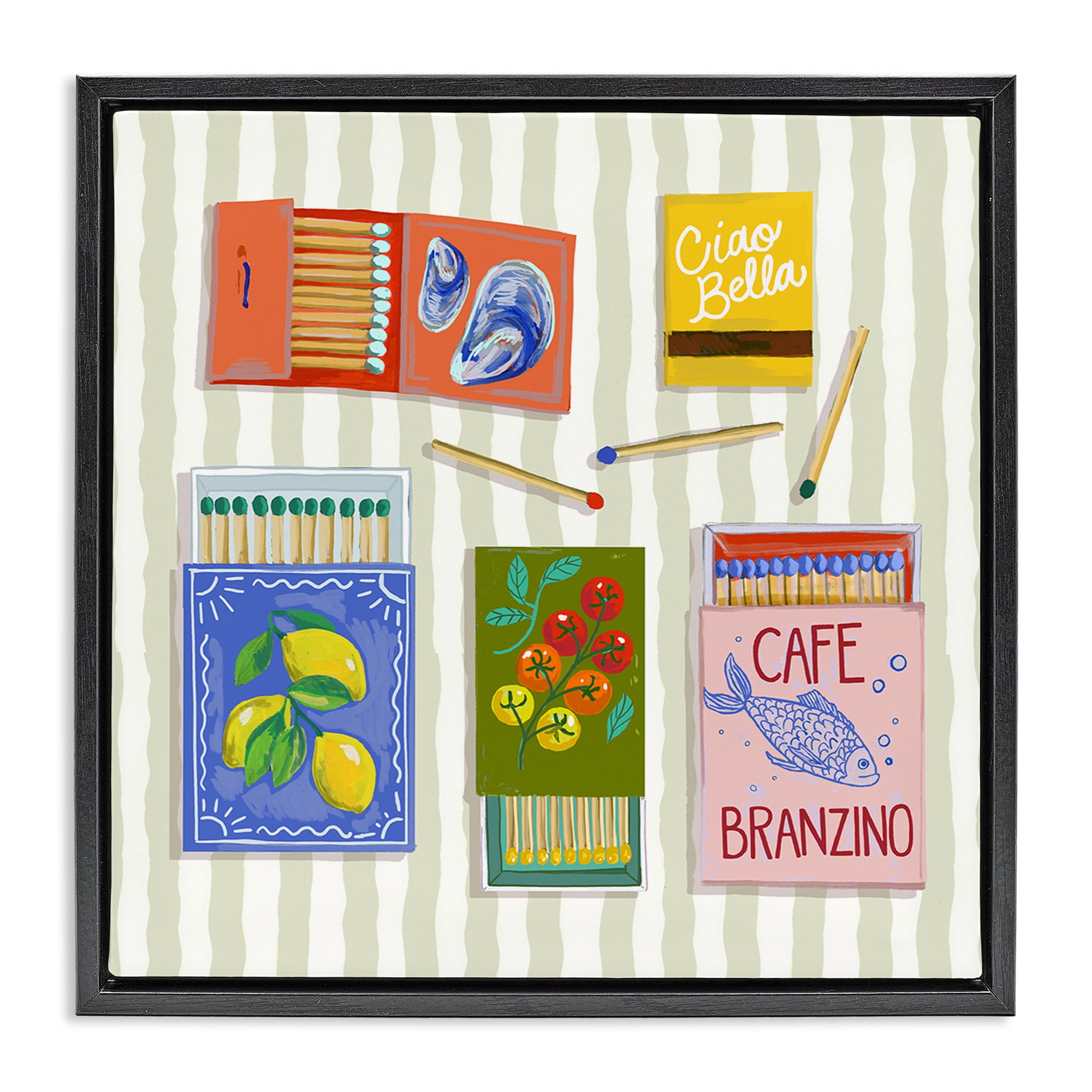 Stupell Industries Ciao Bella Seaside Matchboxes Black Framed Floater Canvas Wall Art, design by Rachel Nerney