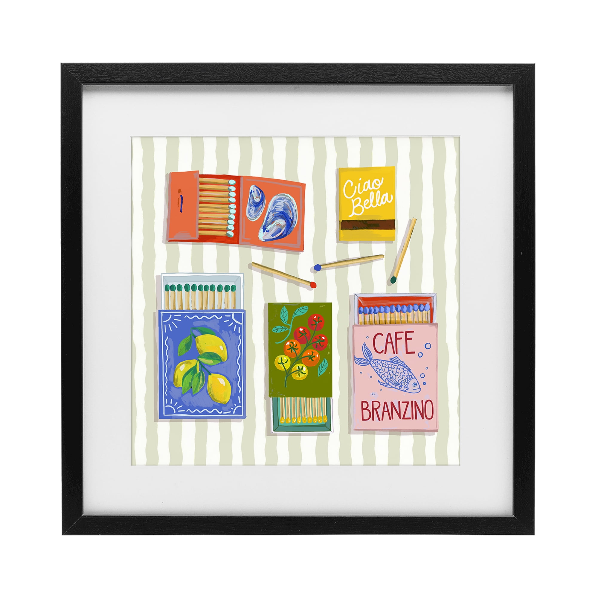 Stupell Industries Ciao Bella Seaside Matchboxes Black Framed Print Under Glass, design by Rachel Nerney