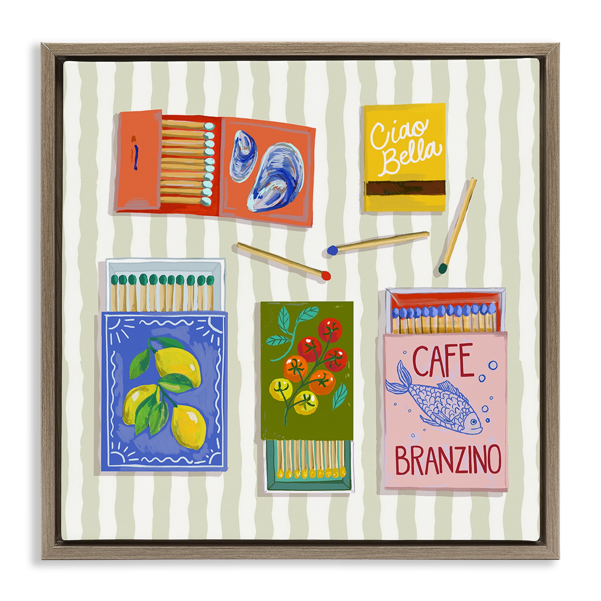 Stupell Industries Ciao Bella Seaside Matchboxes Brown Framed Floater Canvas Wall Art, design by Rachel Nerney
