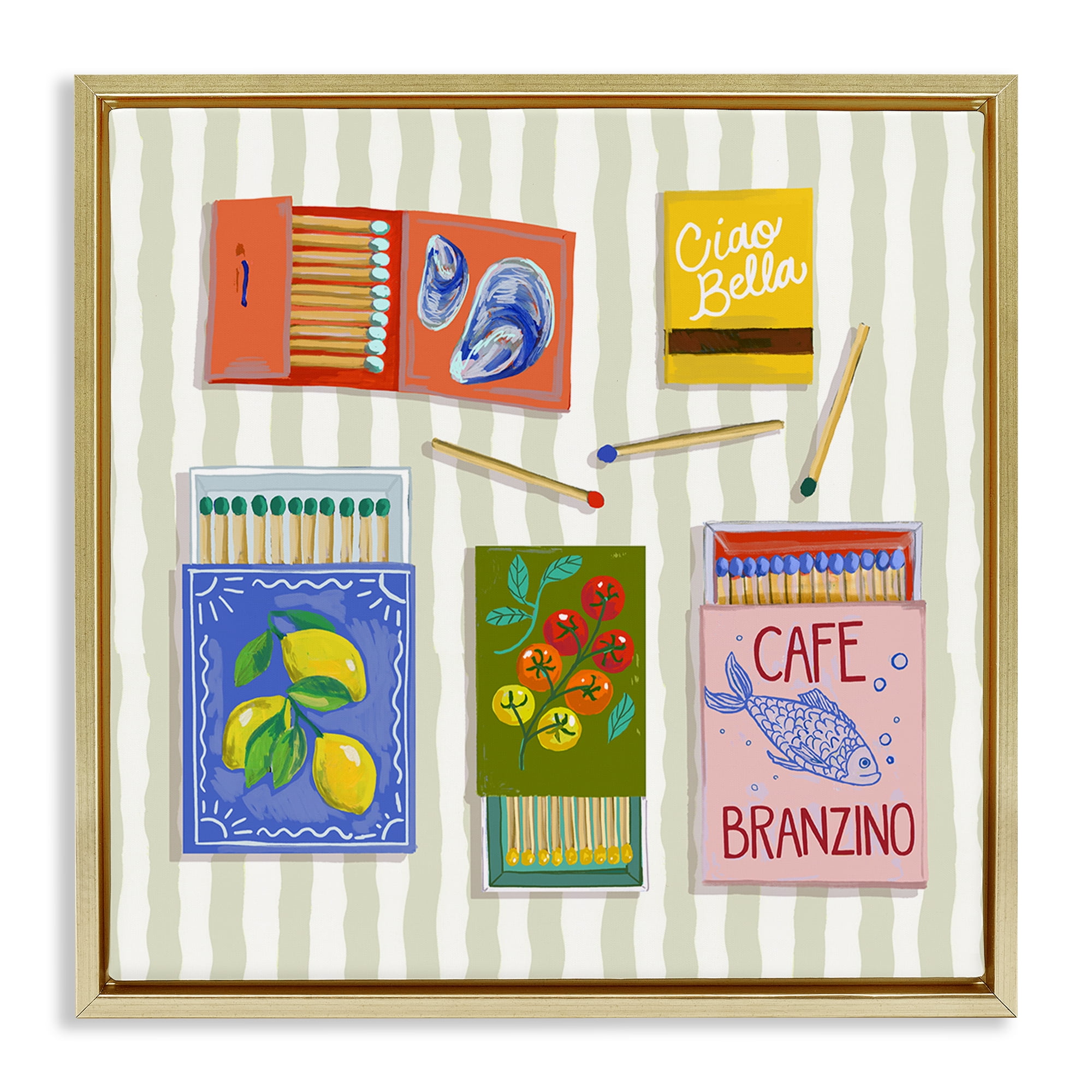 Stupell Industries Ciao Bella Seaside Matchboxes Gold Framed Floater Canvas Wall Art, design by Rachel Nerney