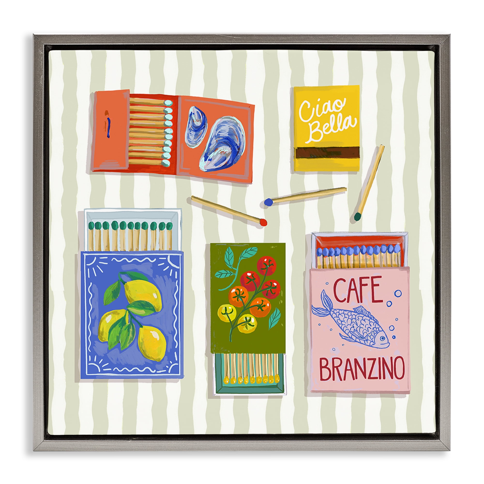 Stupell Industries Ciao Bella Seaside Matchboxes Gray Framed Floater Canvas Wall Art, design by Rachel Nerney