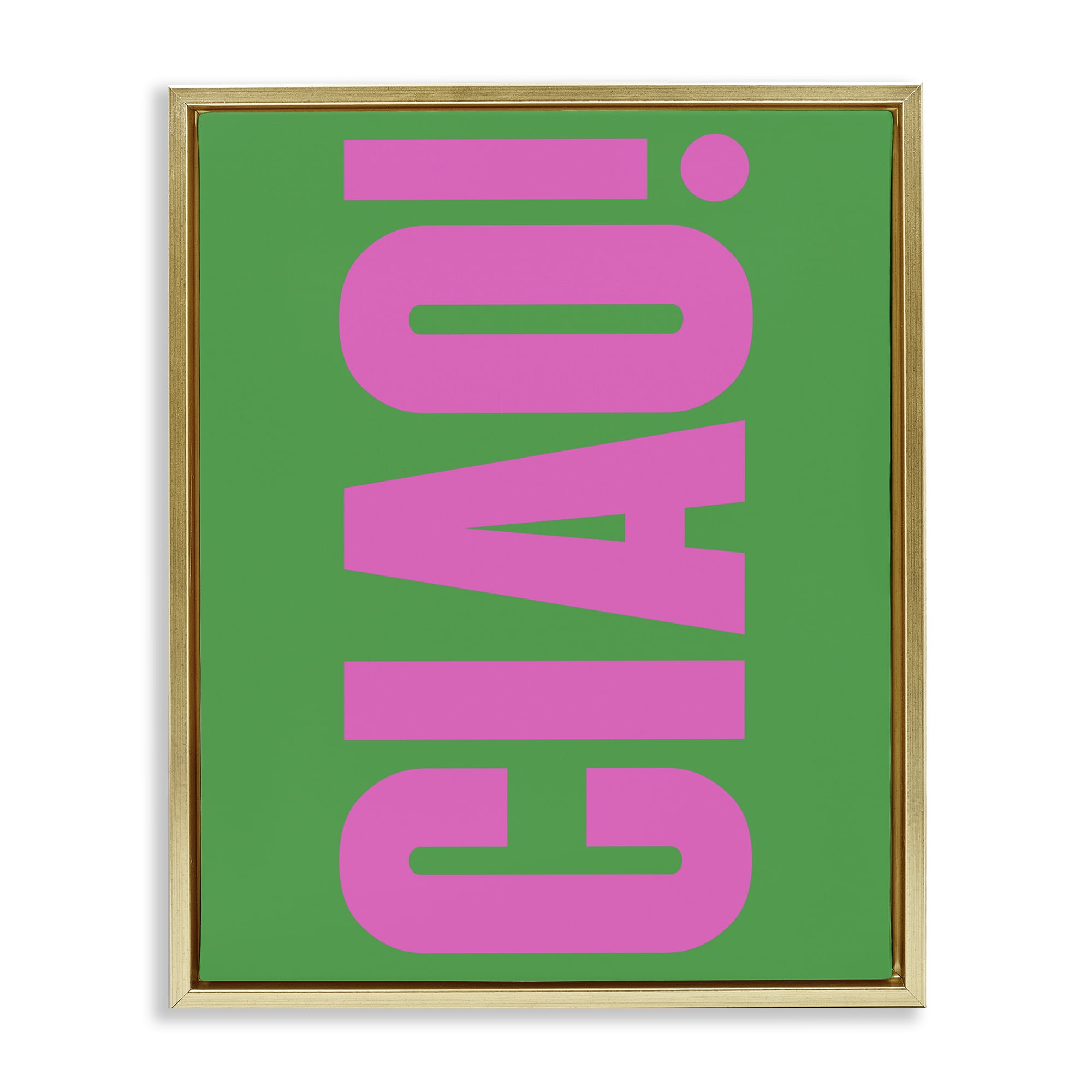 Stupell Industries Ciao Pink & Green Text & Numbers Painting Gold Floater Framed Canvas Art Print Wall Art, 17 x 21