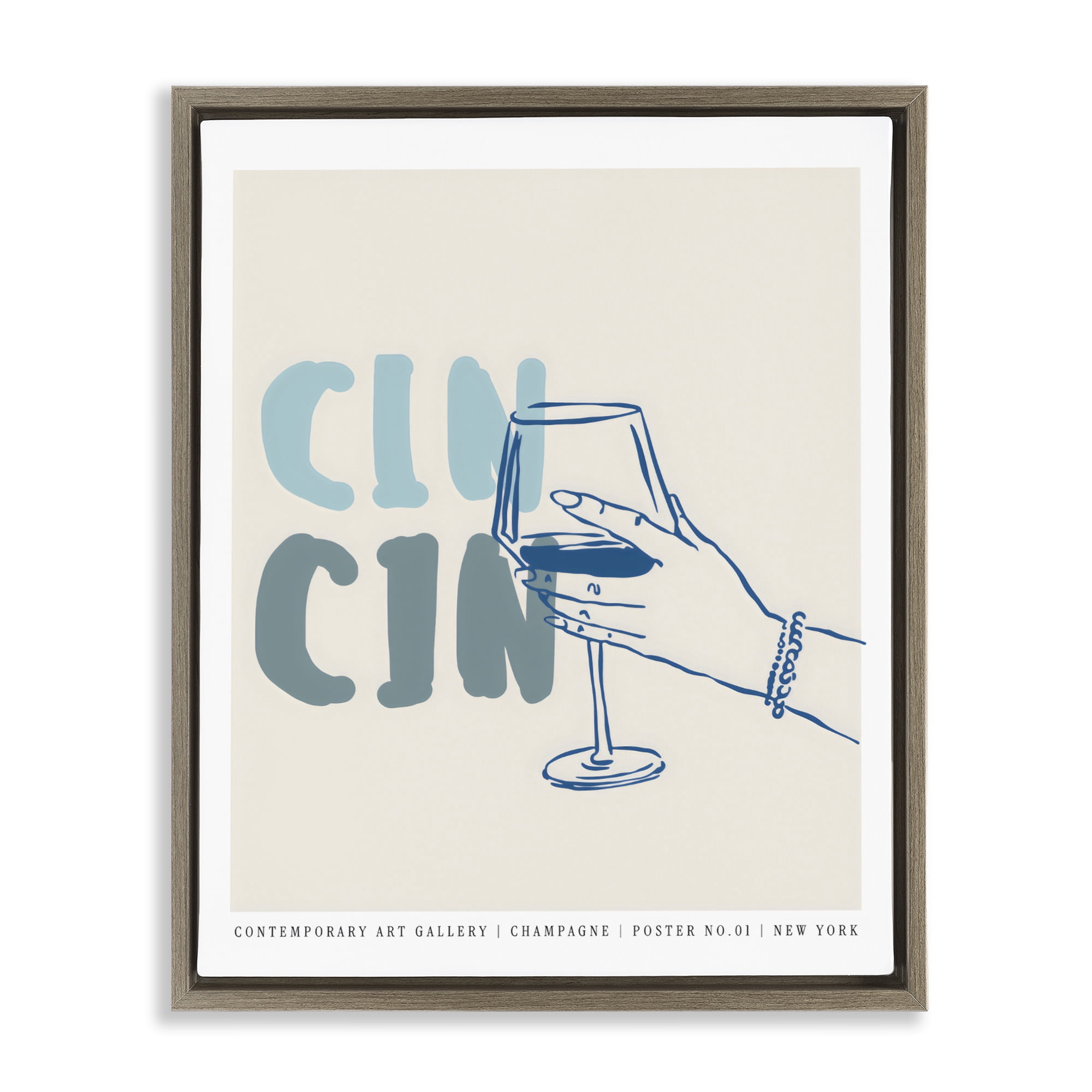Stupell Industries Cin Cin Blue Champagne Toast Brown Framed Floater Canvas Wall Art, design by The Prints Vibe