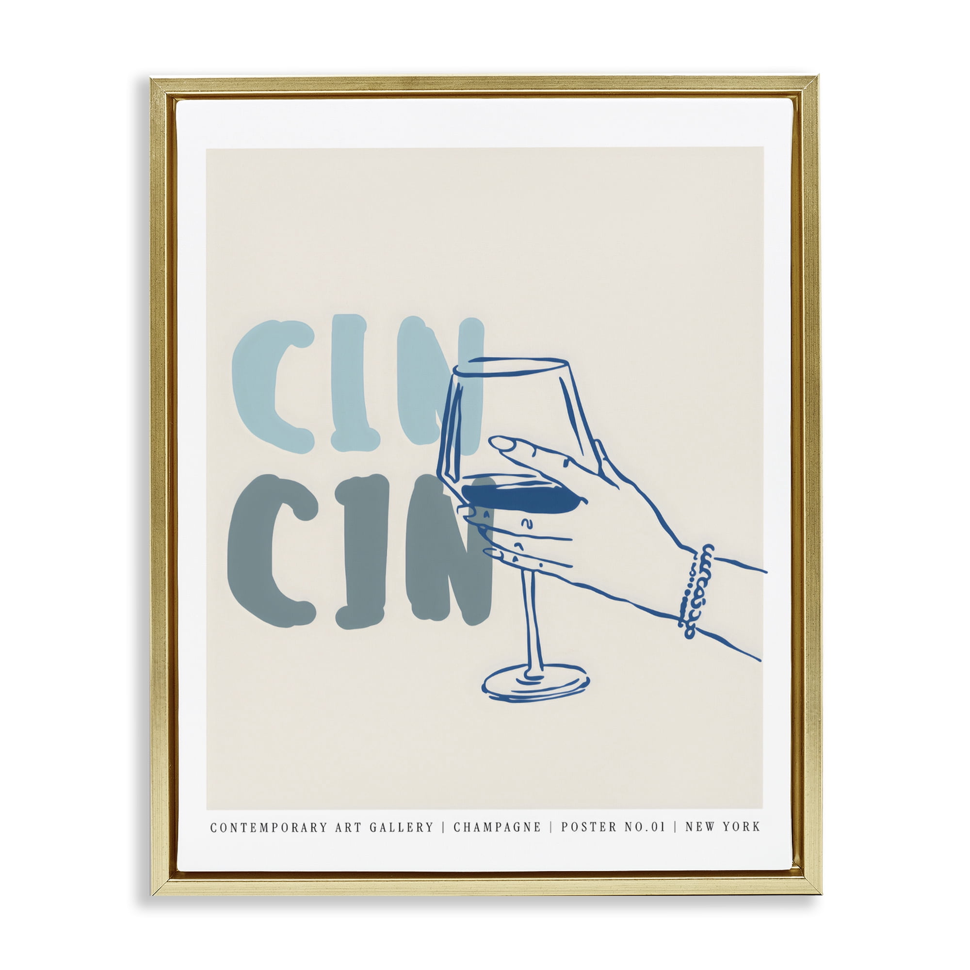 Stupell Industries Cin Cin Blue Champagne Toast Gold Framed Floater Canvas Wall Art, design by The Prints Vibe