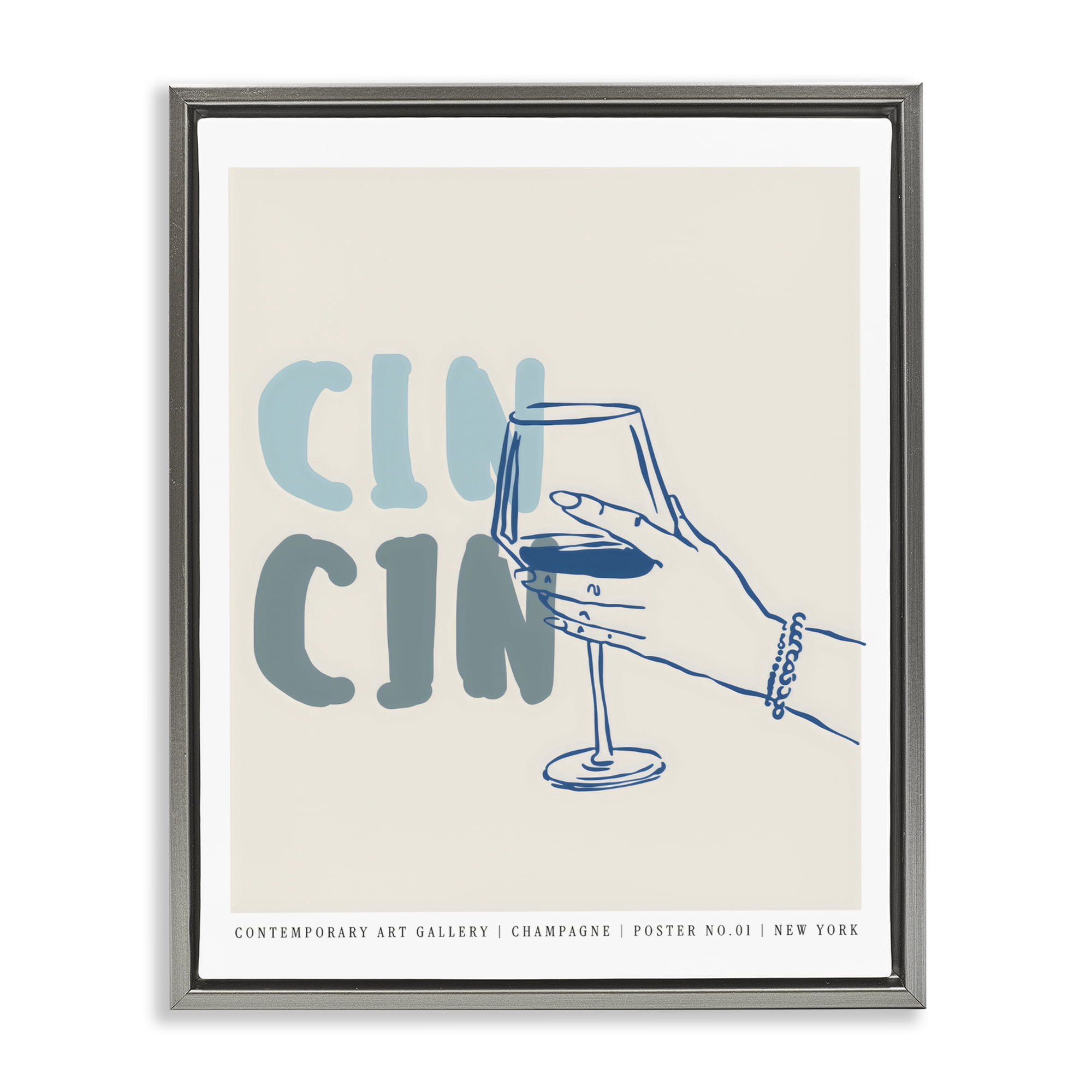 Stupell Industries Cin Cin Blue Champagne Toast Gray Framed Floater Canvas Wall Art, design by The Prints Vibe