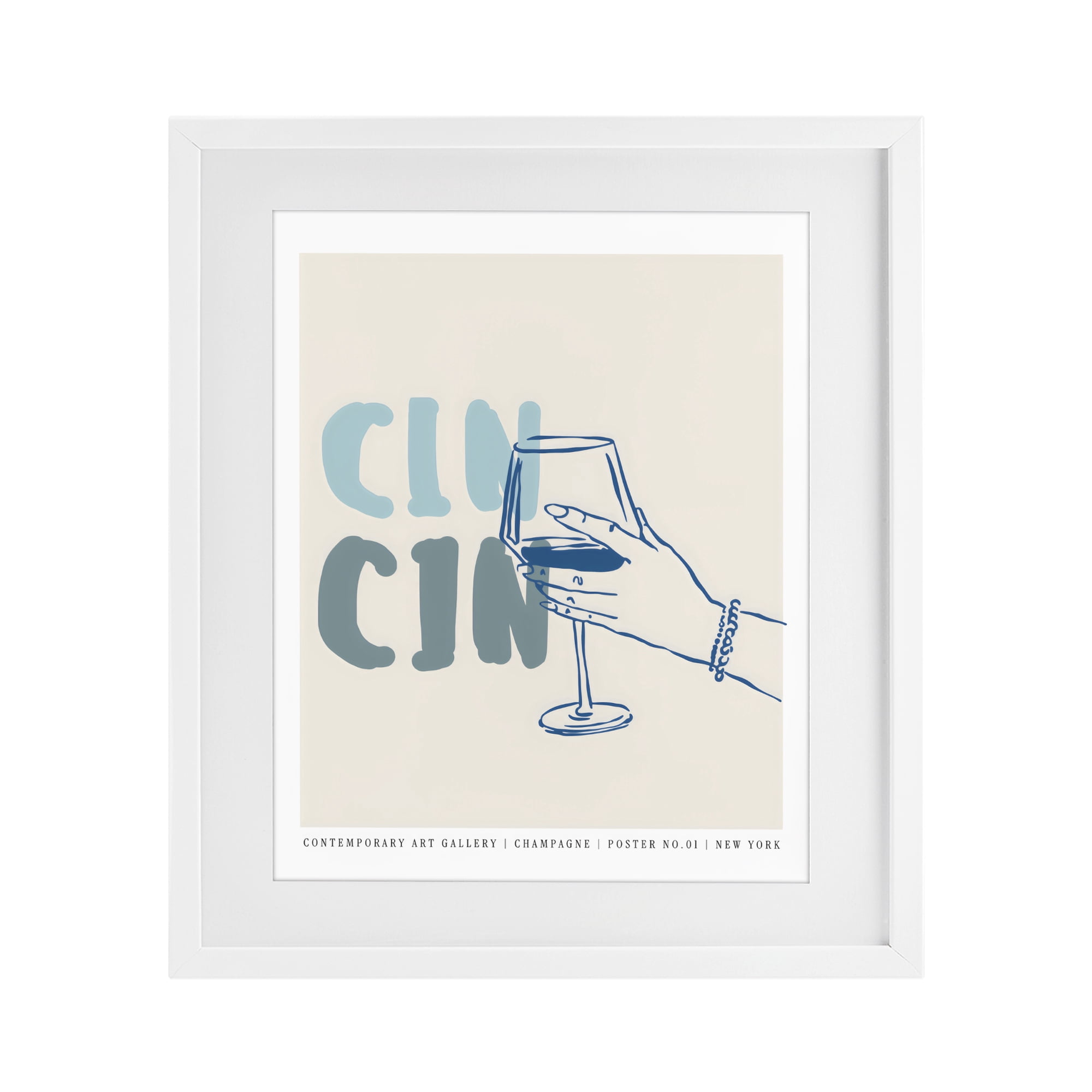 Stupell Industries Cin Cin Blue Champagne Toast White Framed Print Under Glass, design by The Prints Vibe