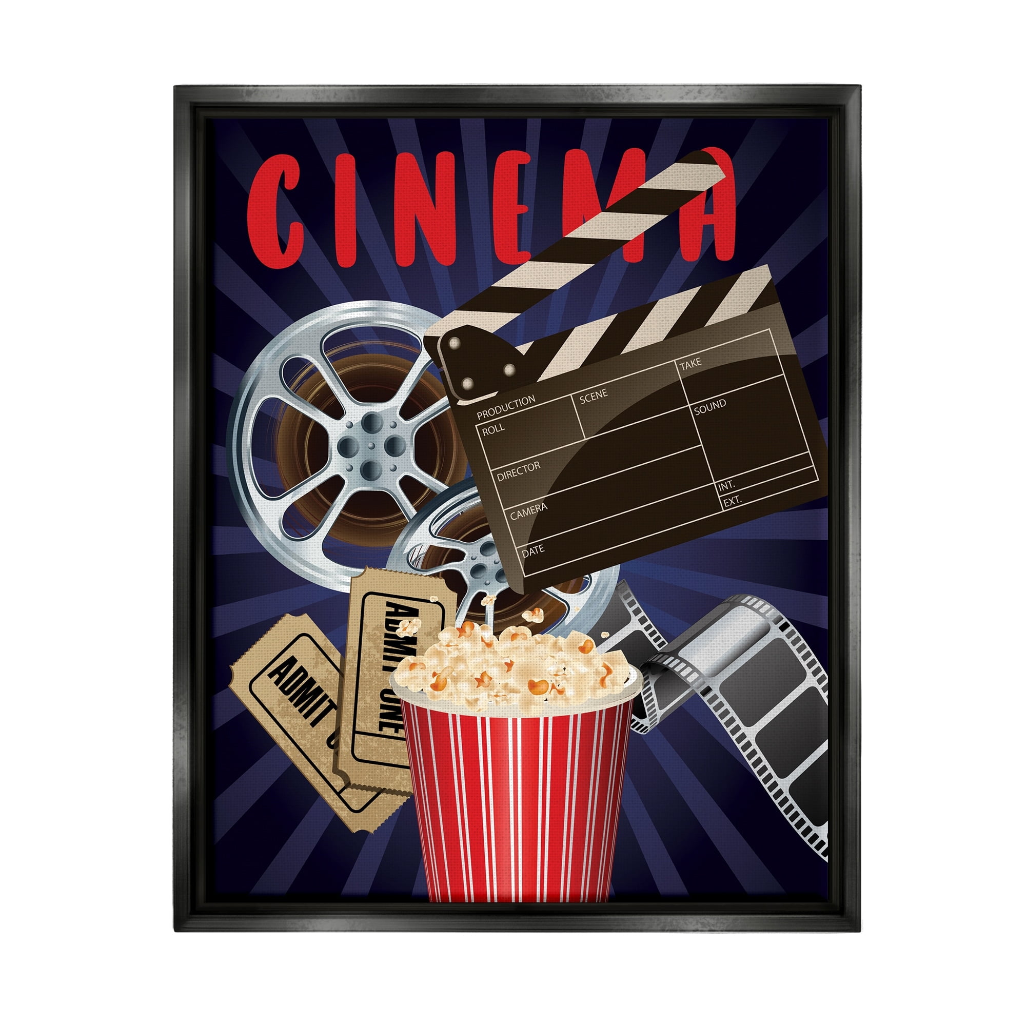 Stupell Industries Cinema Movie Reel Popcorn Entertainment Sign Graphic Art Jet Black Floating Framed Canvas Print Wall Art, Design by Yvonne Coleman Burney