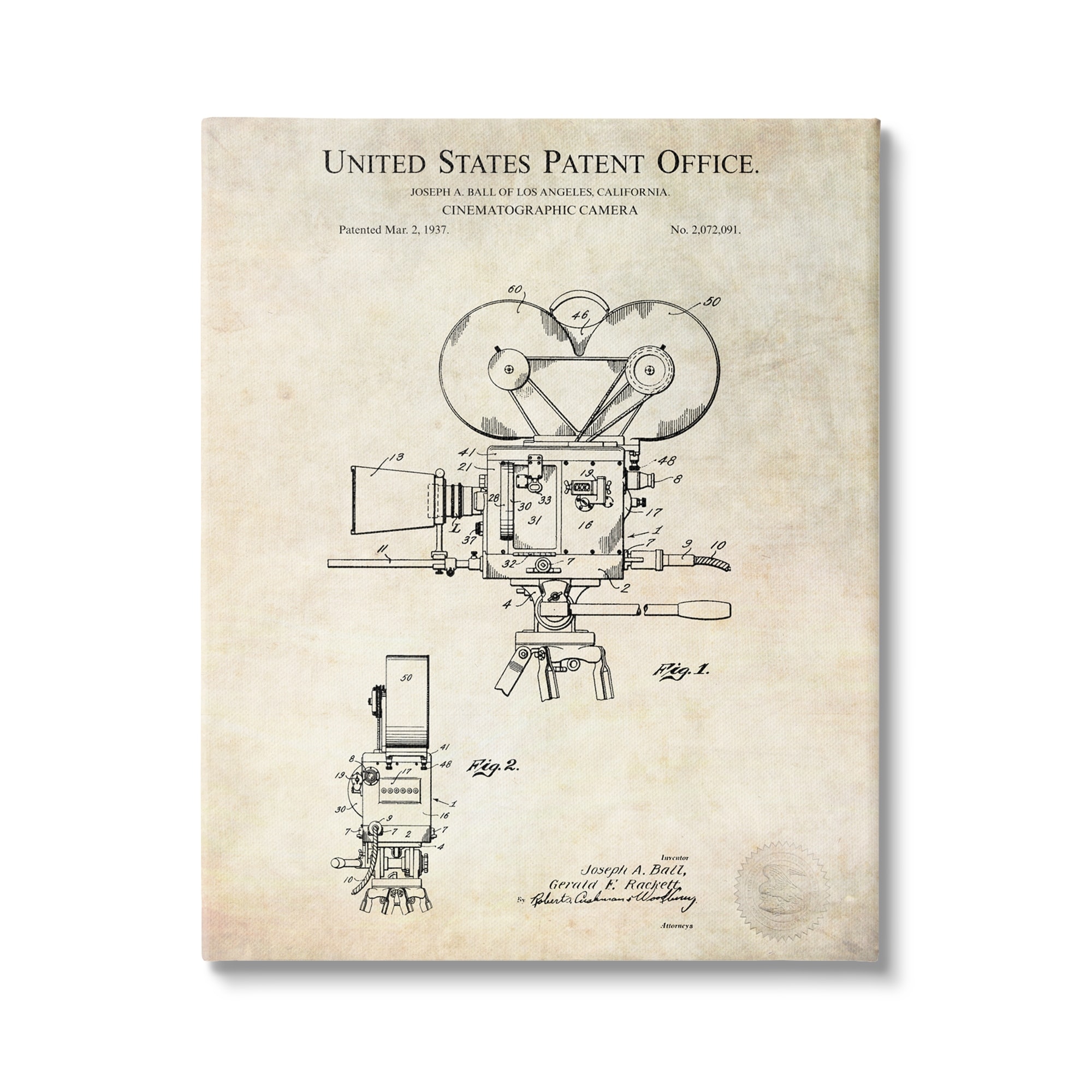 Stupell Industries Cinematographic Camera Patent Detailed Blueprint Design Canvas Wall Art, 36 x 48, Design by Karl Hronek