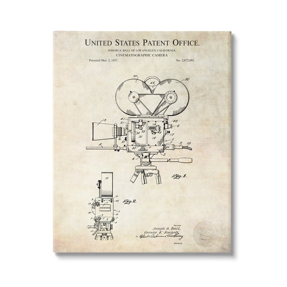 Stupell Industries Cinematographic Camera Patent Detailed Blueprint Design Canvas Wall Art, 36 x 48, Design by Karl Hronek