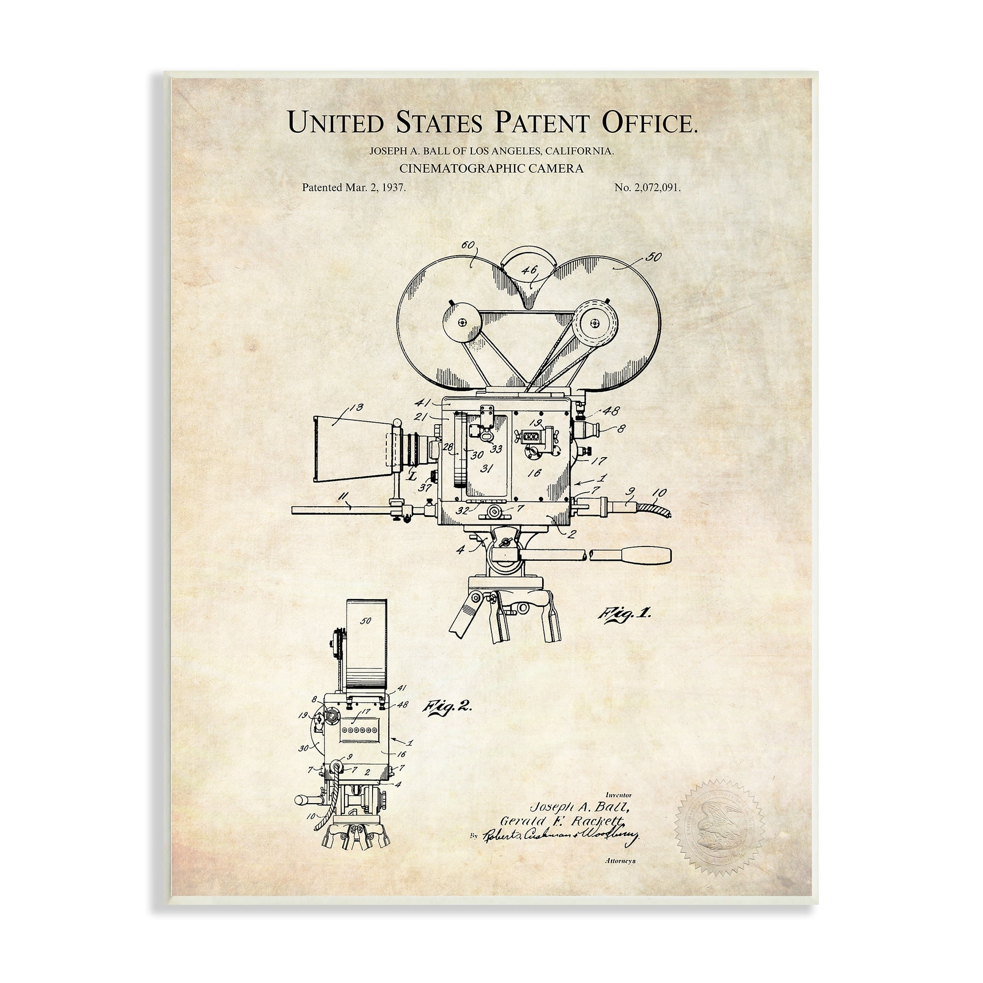 Stupell Industries Cinematographic Camera Patent Detailed Blueprint Design Wood Wall Art, 10 x 15, Design by Karl Hronek