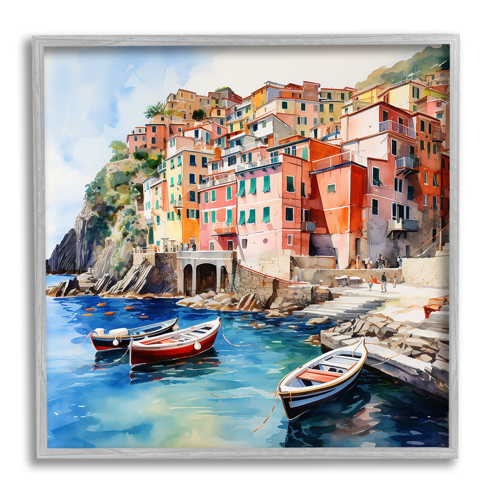 Stupell Industries Cinque Terre Boats Travel & Places Painting Gray Framed Art Print Wall Art, 24 x 24