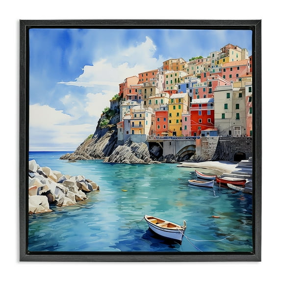 Stupell Industries Cinque Terre Port Transportation Painting Black Floater Framed Canvas Art Print Wall Art, 25 x 25