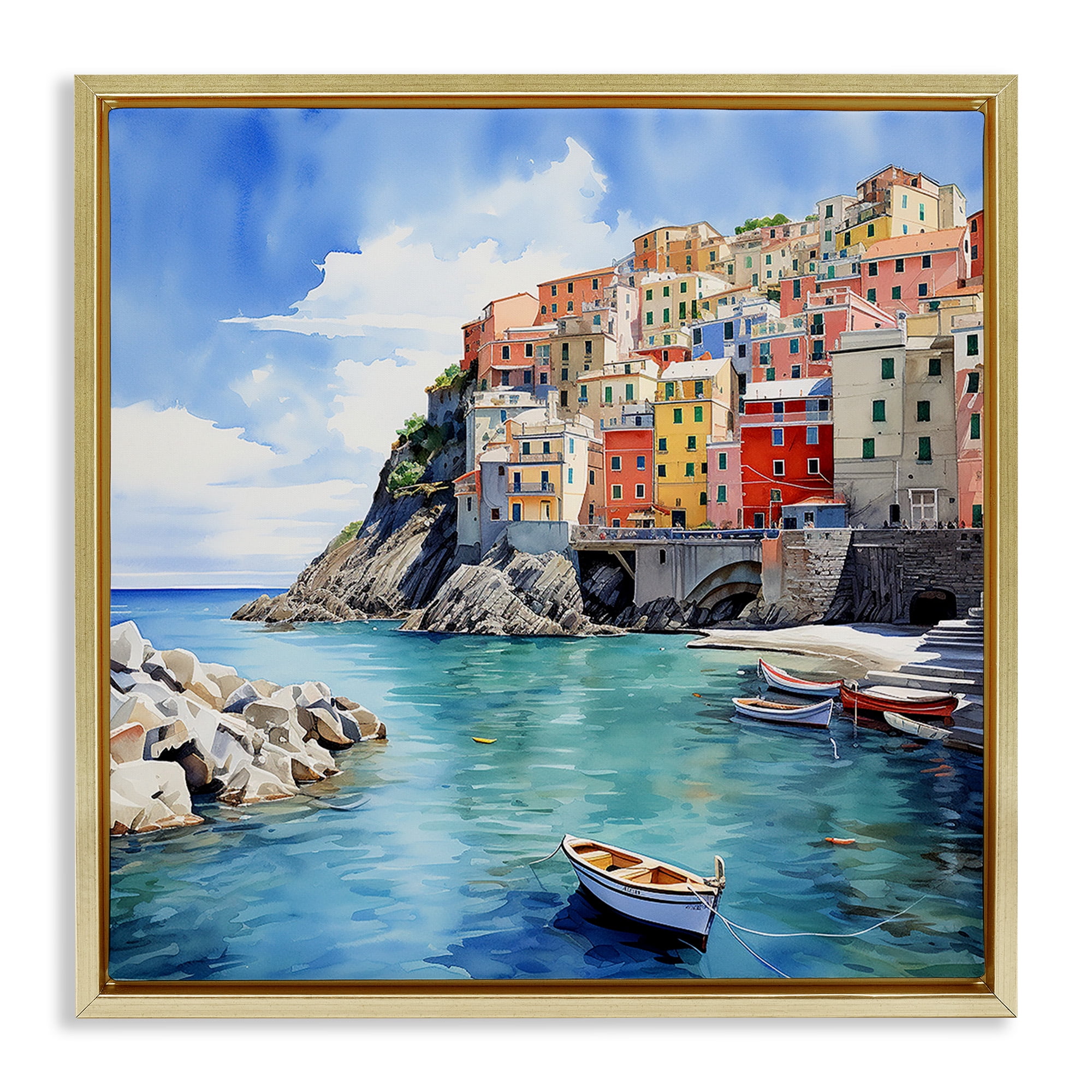 Stupell Industries Cinque Terre Port Transportation Painting Gold Floater Framed Canvas Art Print Wall Art, 18 x 18