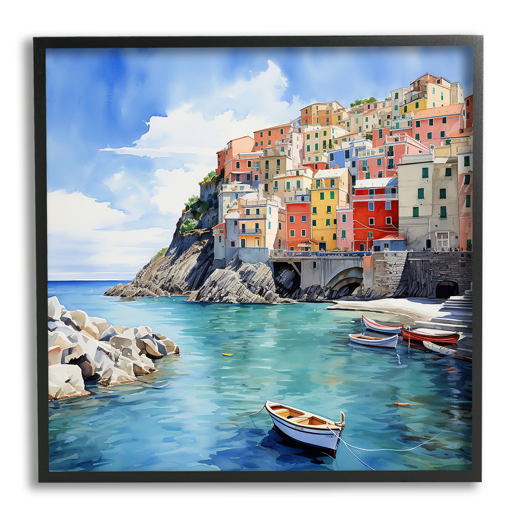 Stupell Industries Cinque Terre Port Travel & Places Painting Black Framed Art Print Wall Art, 17 x 17