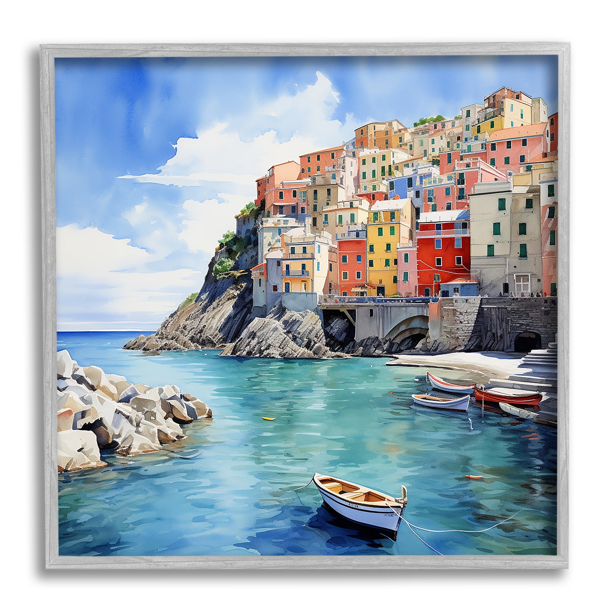 Stupell Industries Cinque Terre Port Travel & Places Painting Gray Framed Art Print Wall Art, 17 x 17