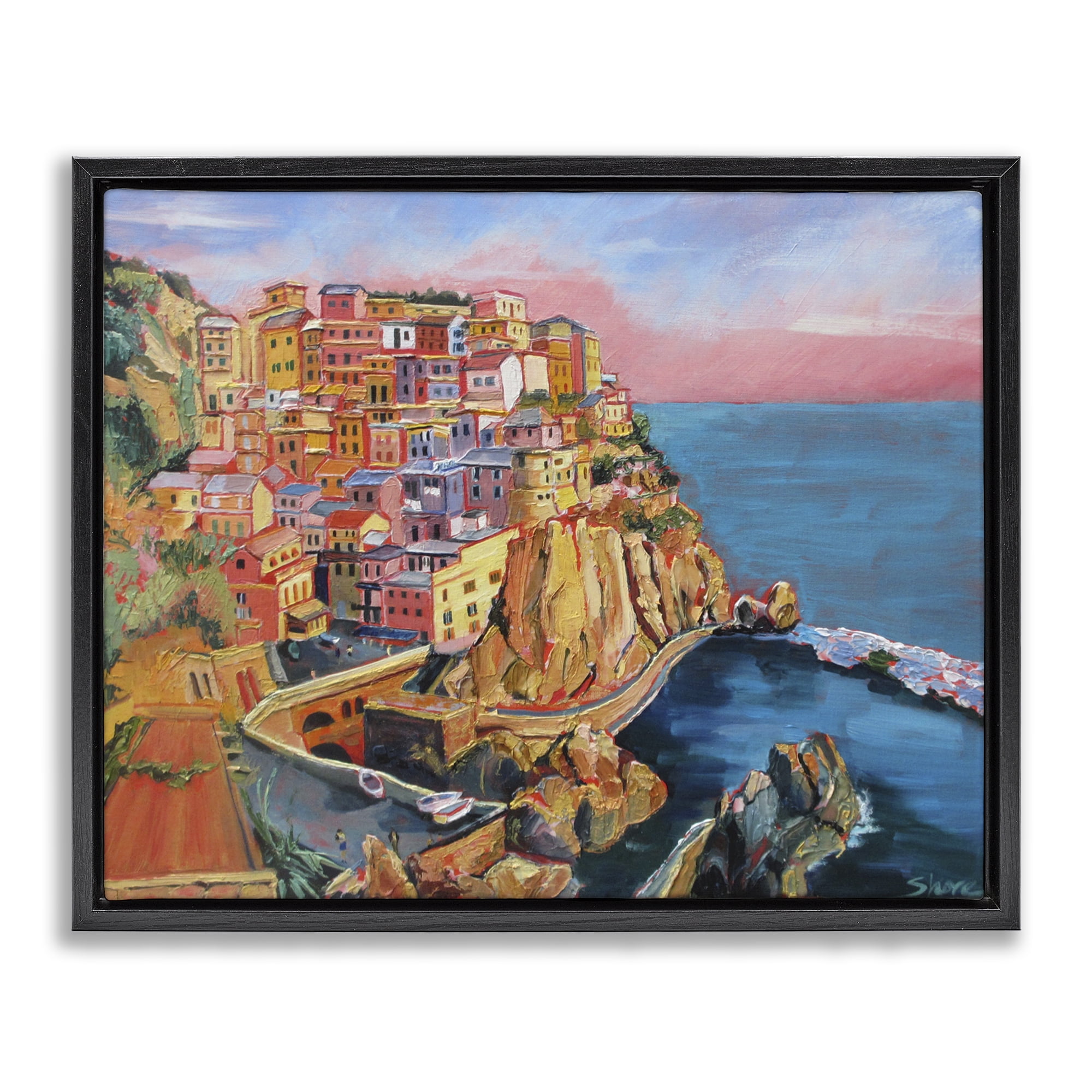Stupell Industries Cinque Terre Seascape Architecture Black Framed Floater Canvas Wall Art, design by Maxine Shore