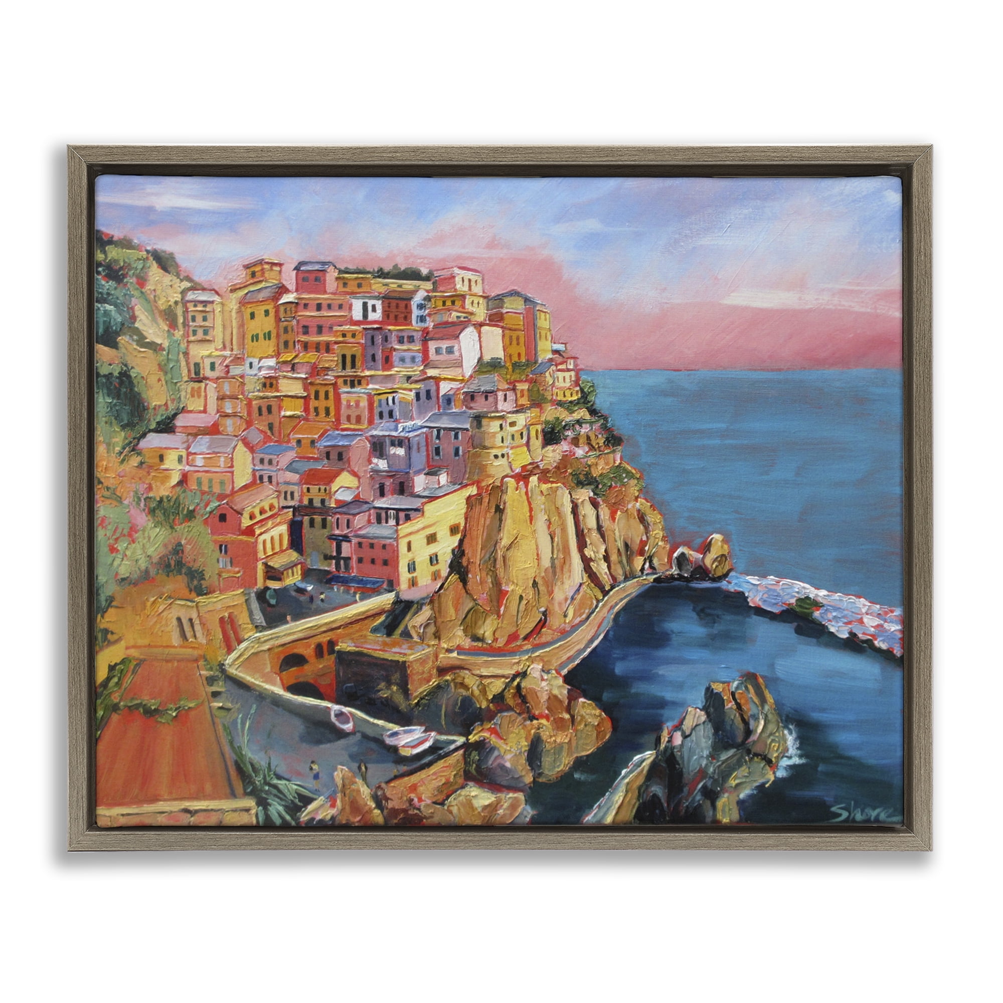 Stupell Industries Cinque Terre Seascape Architecture Brown Framed Floater Canvas Wall Art, design by Maxine Shore