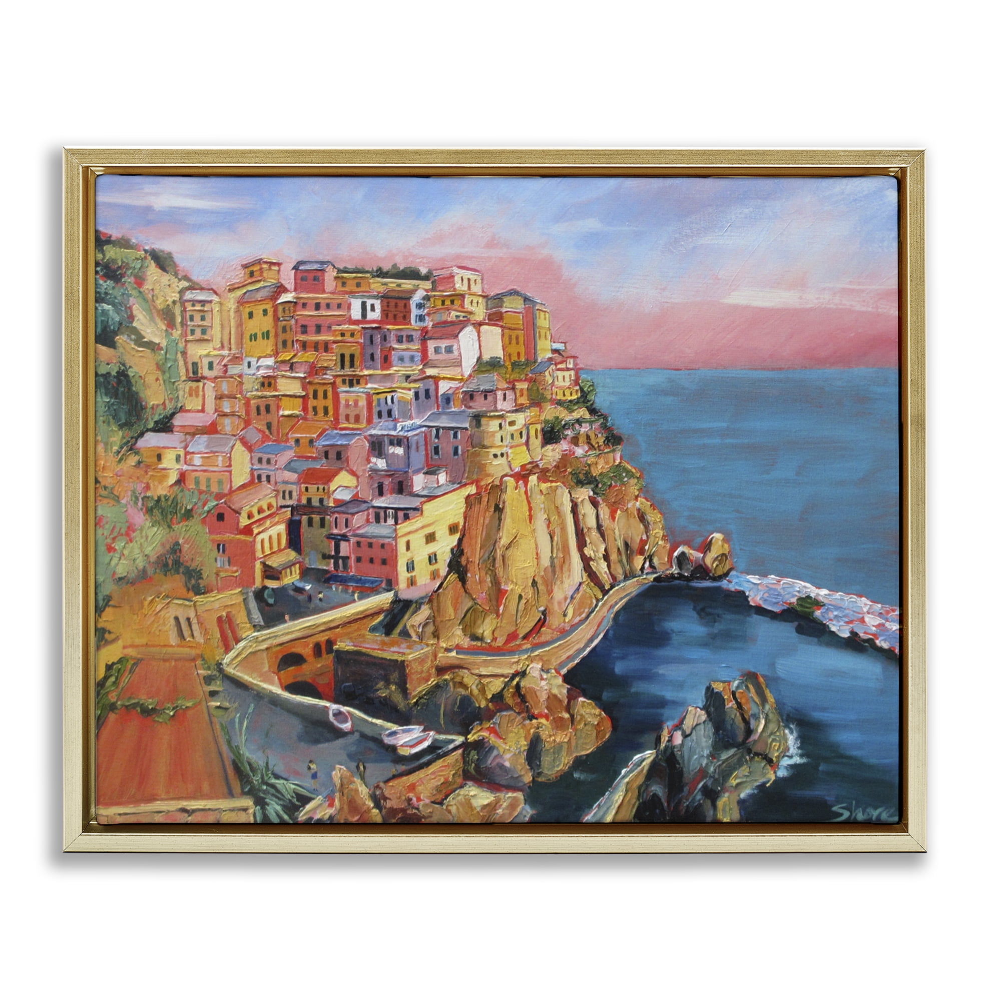 Stupell Industries Cinque Terre Seascape Architecture Gold Framed Floater Canvas Wall Art, design by Maxine Shore