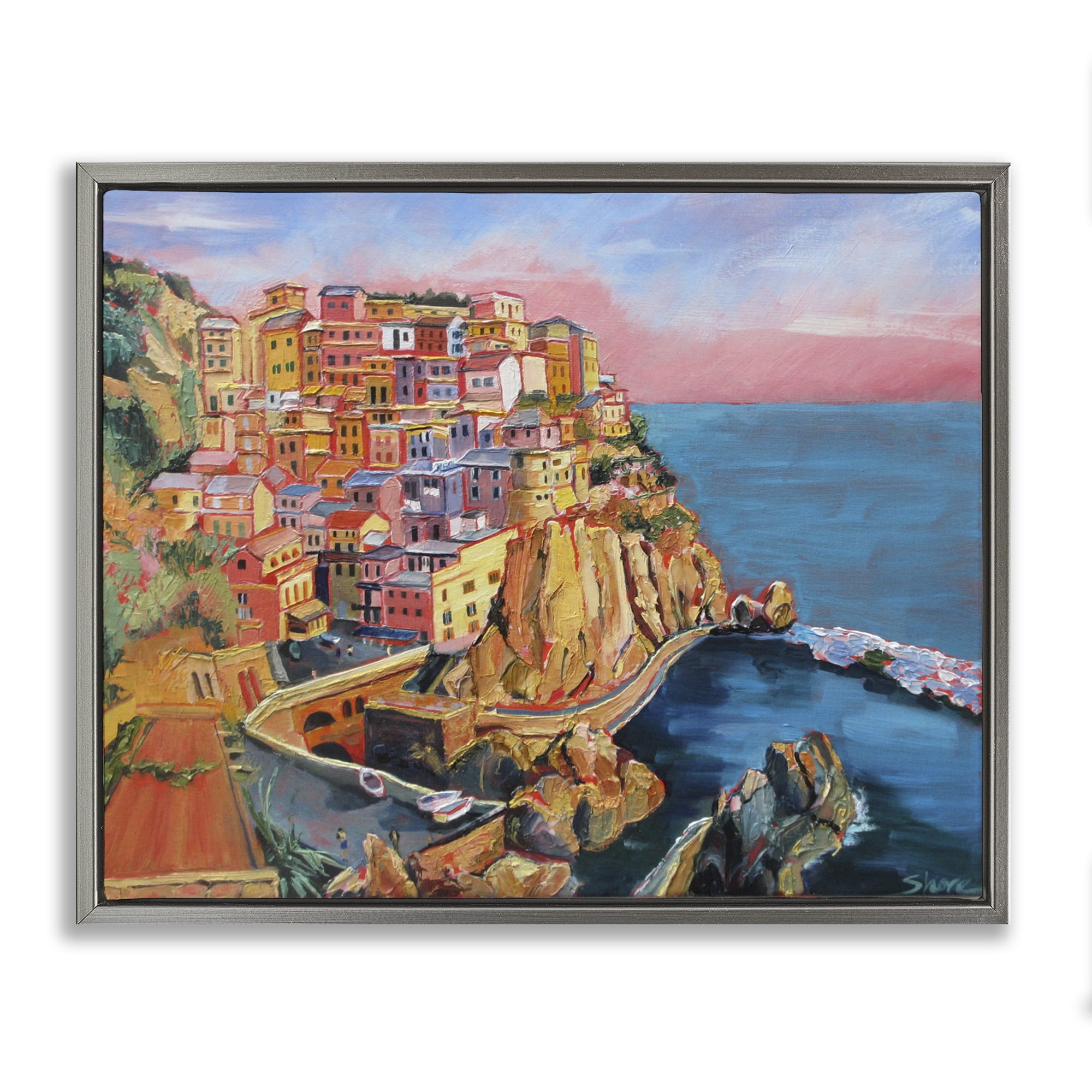 Stupell Industries Cinque Terre Seascape Architecture Gray Framed Floater Canvas Wall Art, design by Maxine Shore