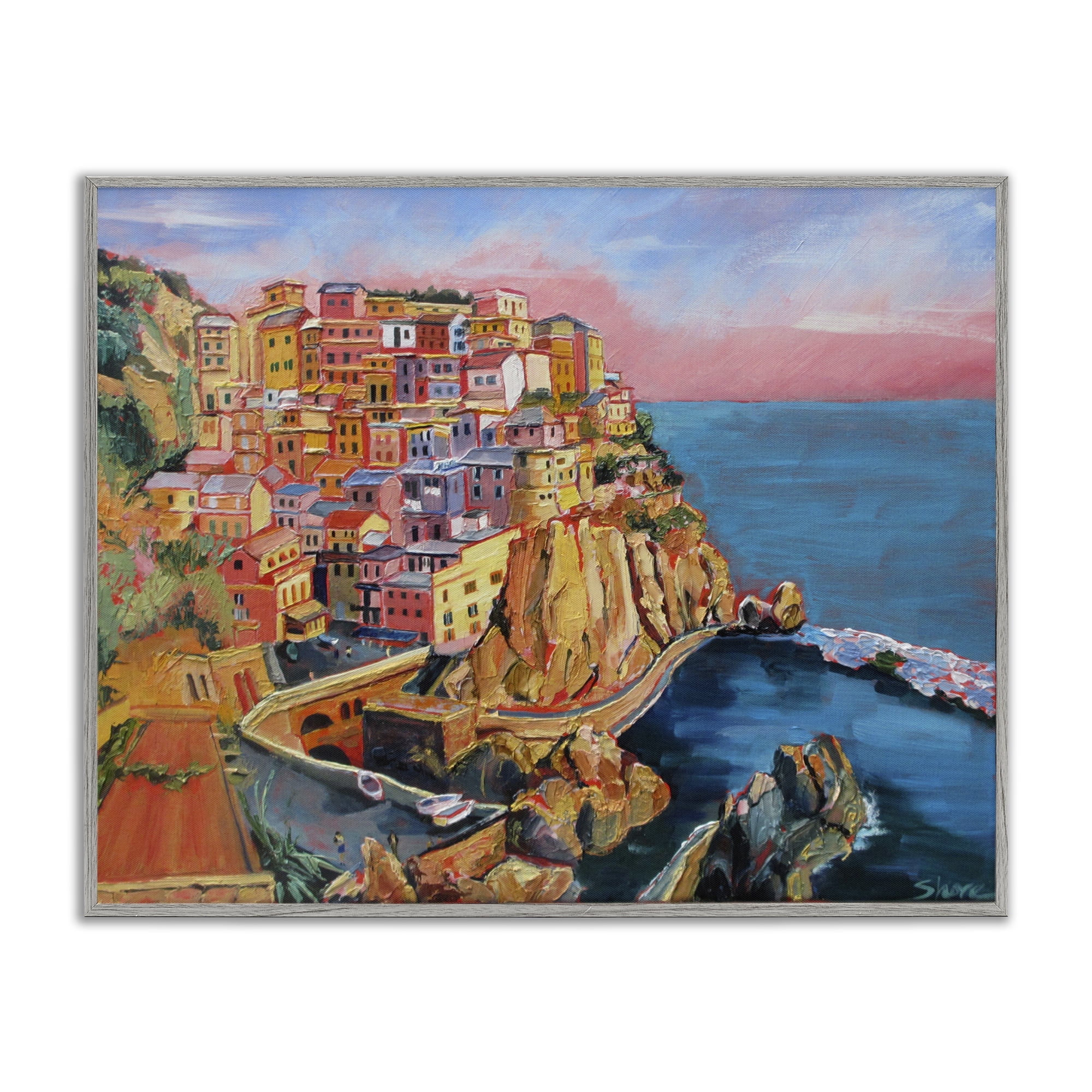 Stupell Industries Cinque Terre Seascape Architecture Gray Framed Giclee Art, design by Maxine Shore