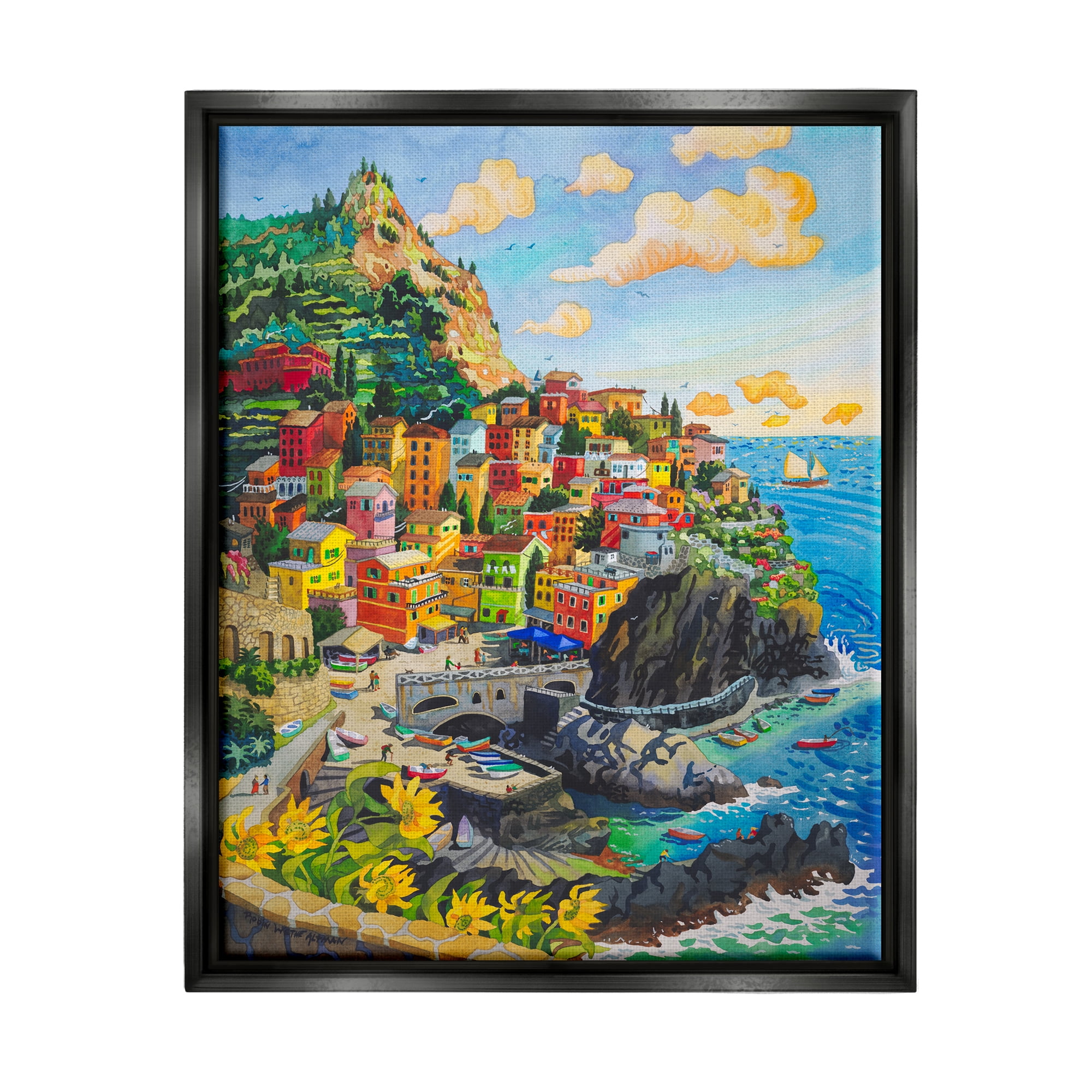 Stupell Industries Cinque Terre View Travel & Places Painting Black Floater Framed Art Print Wall Art, 25 x 31