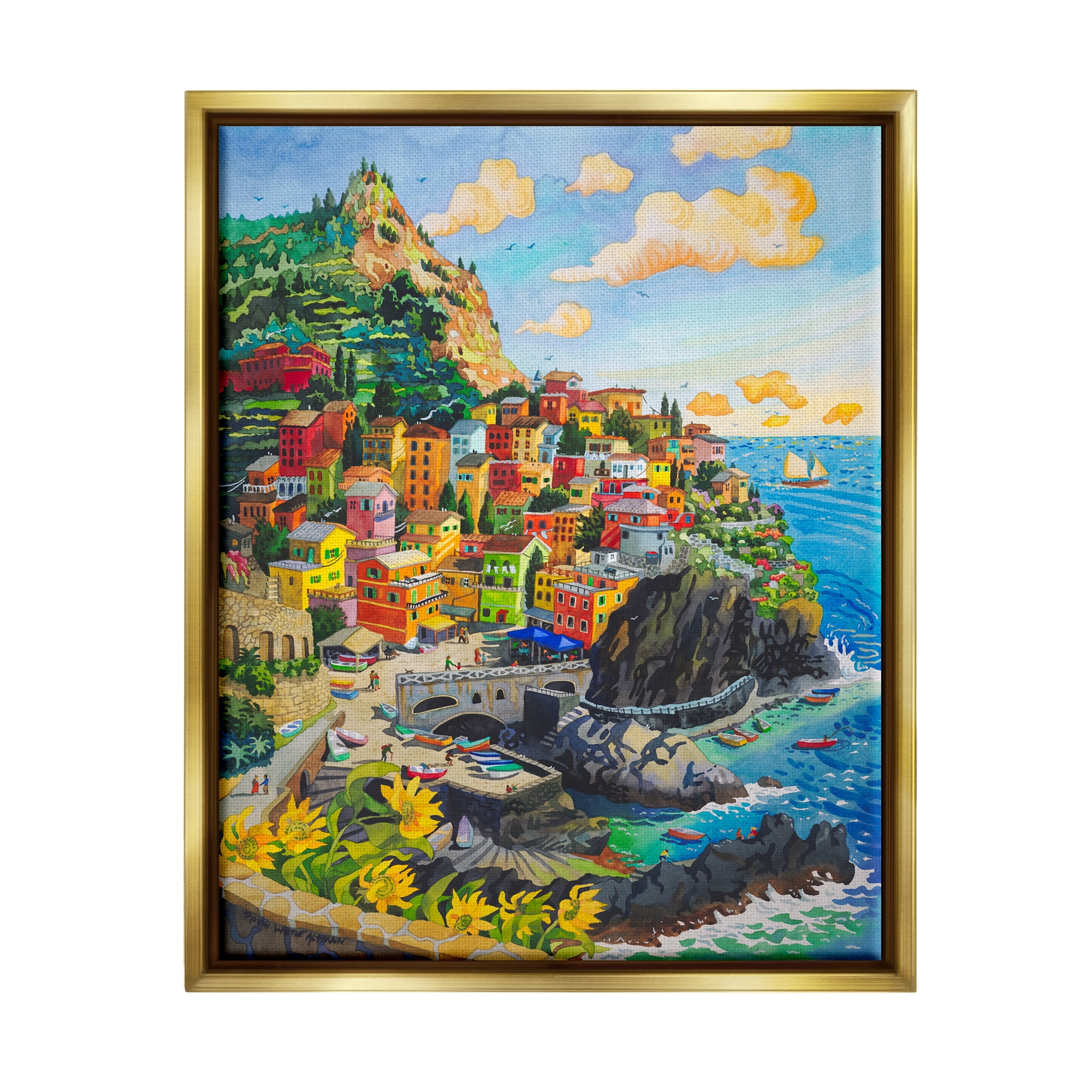 Stupell Industries Cinque Terre View Travel & Places Painting Gold Floater Framed Art Print Wall Art, 25 x 31