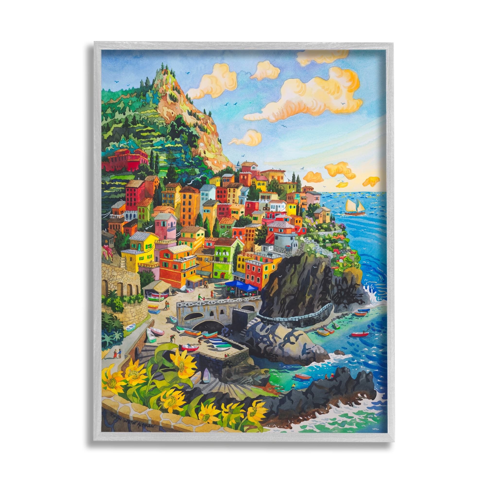 Stupell Industries Cinque Terre View Travel & Places Painting Gray Framed Art Print Wall Art, 24 x 30