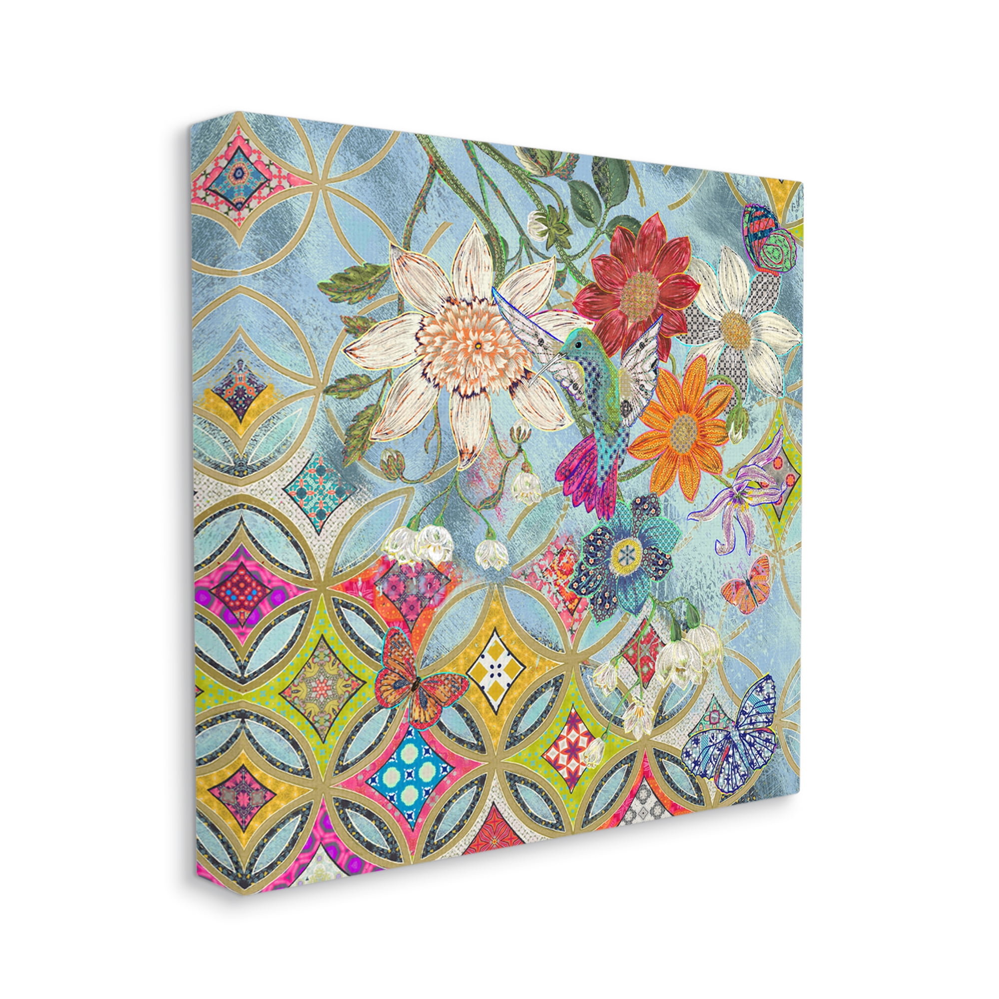 30" Multicolor Abstract Floral Hummingbird Canvas Wall Art