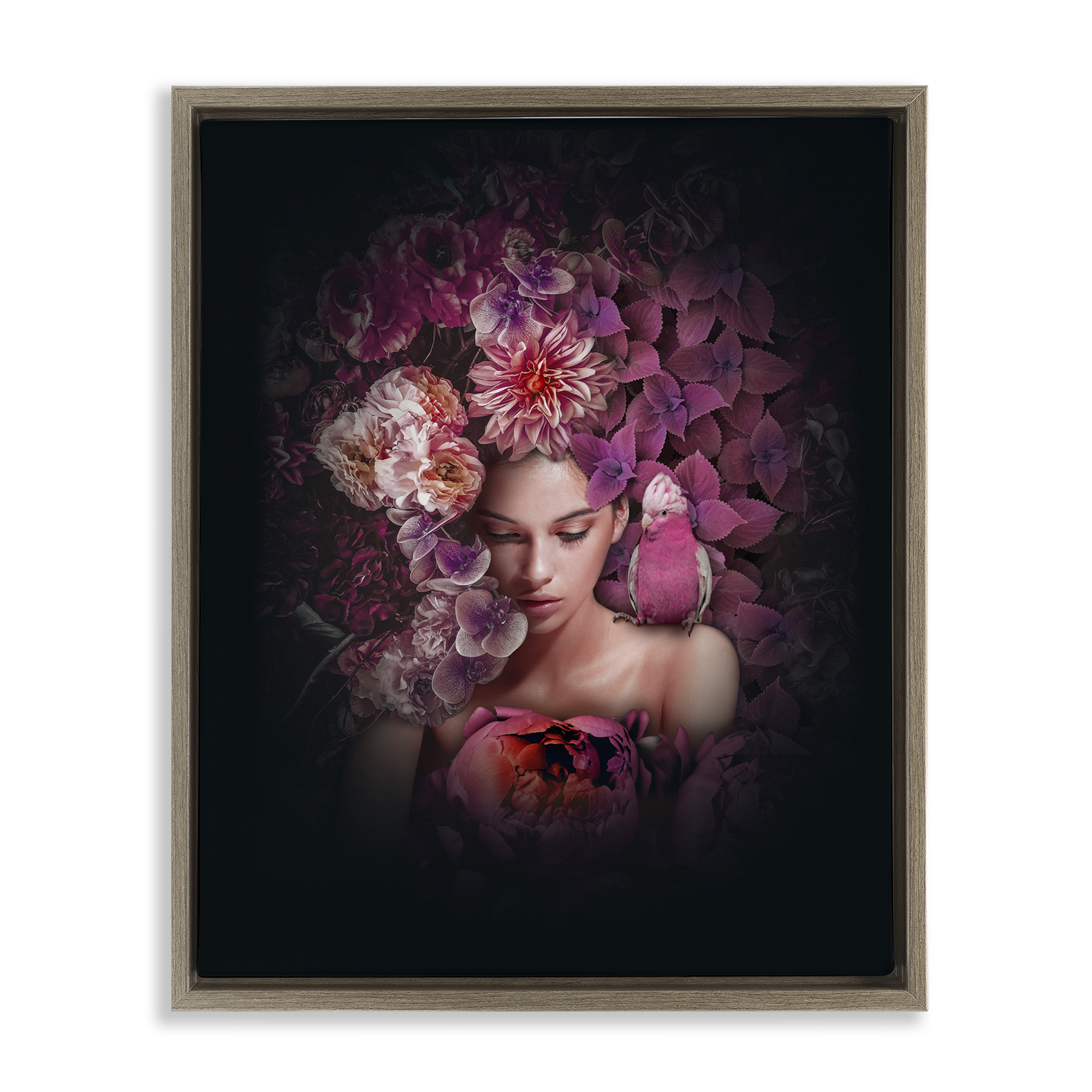 Stupell Industries Circular Flowers Woman Plants & Flowers Painting Brown Floater Framed Canvas Art Print Wall Art, 25 x 31