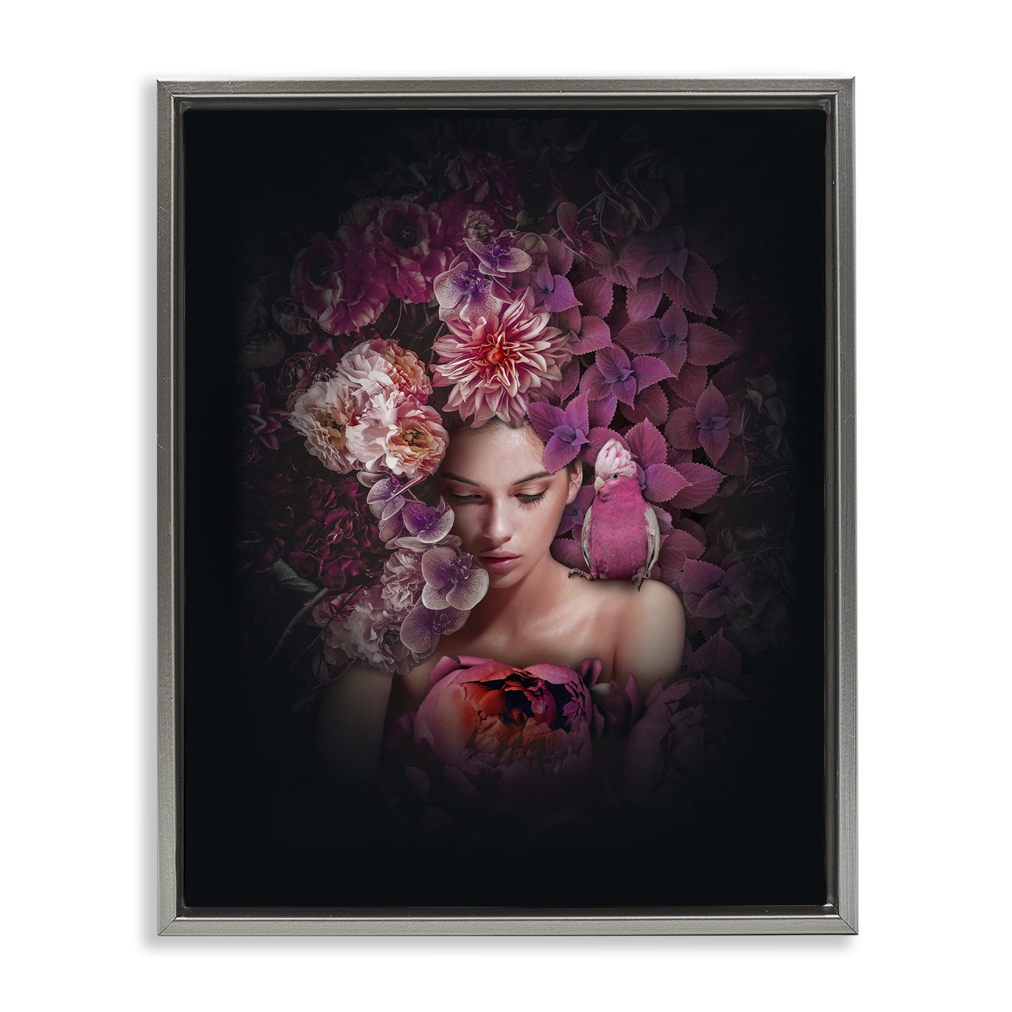Stupell Industries Circular Flowers Woman Plants & Flowers Painting Gray Floater Framed Canvas Art Print Wall Art, 17 x 21