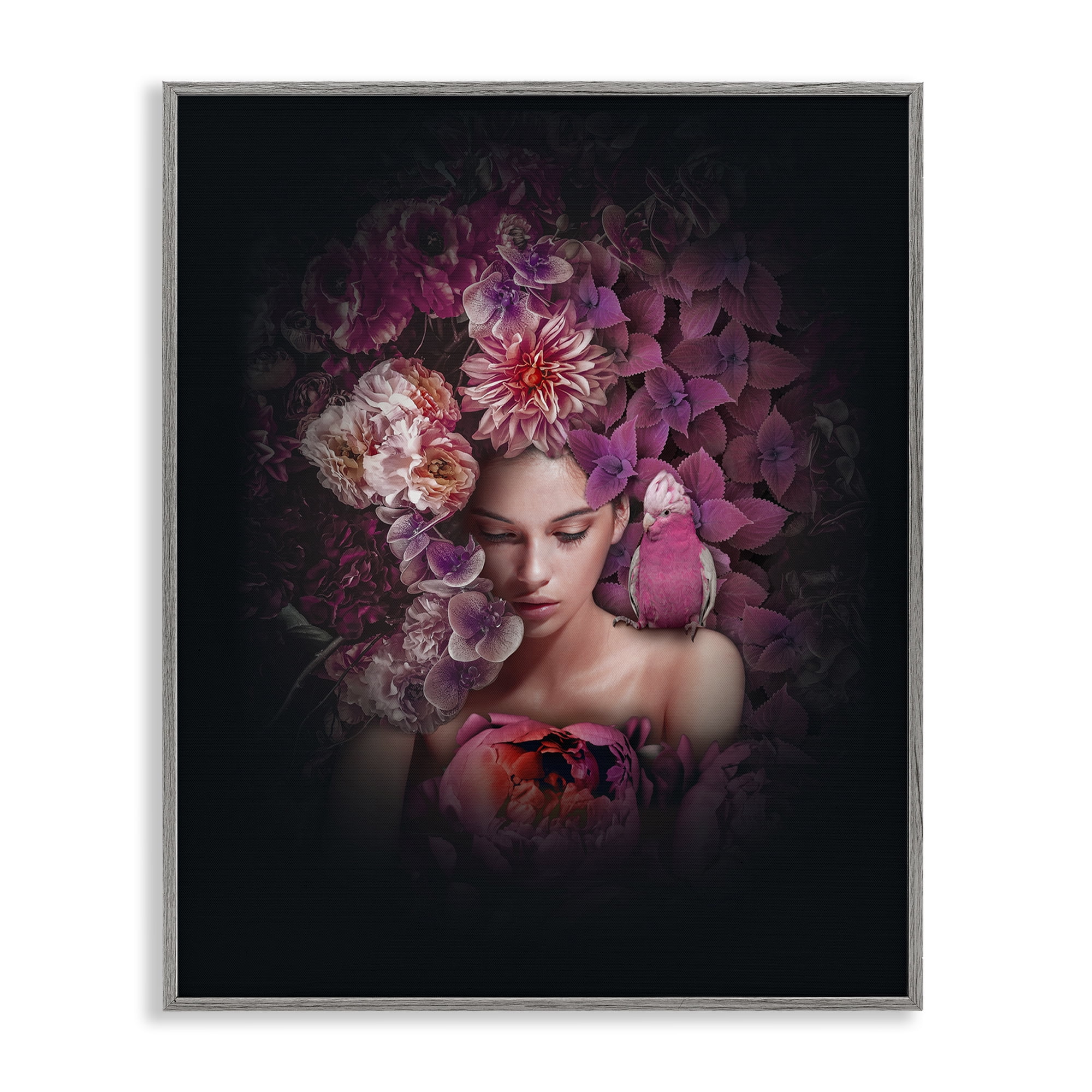 Stupell Industries Circular Flowers Woman Plants & Flowers Painting Gray Framed Art Print Wall Art, 11 x 14