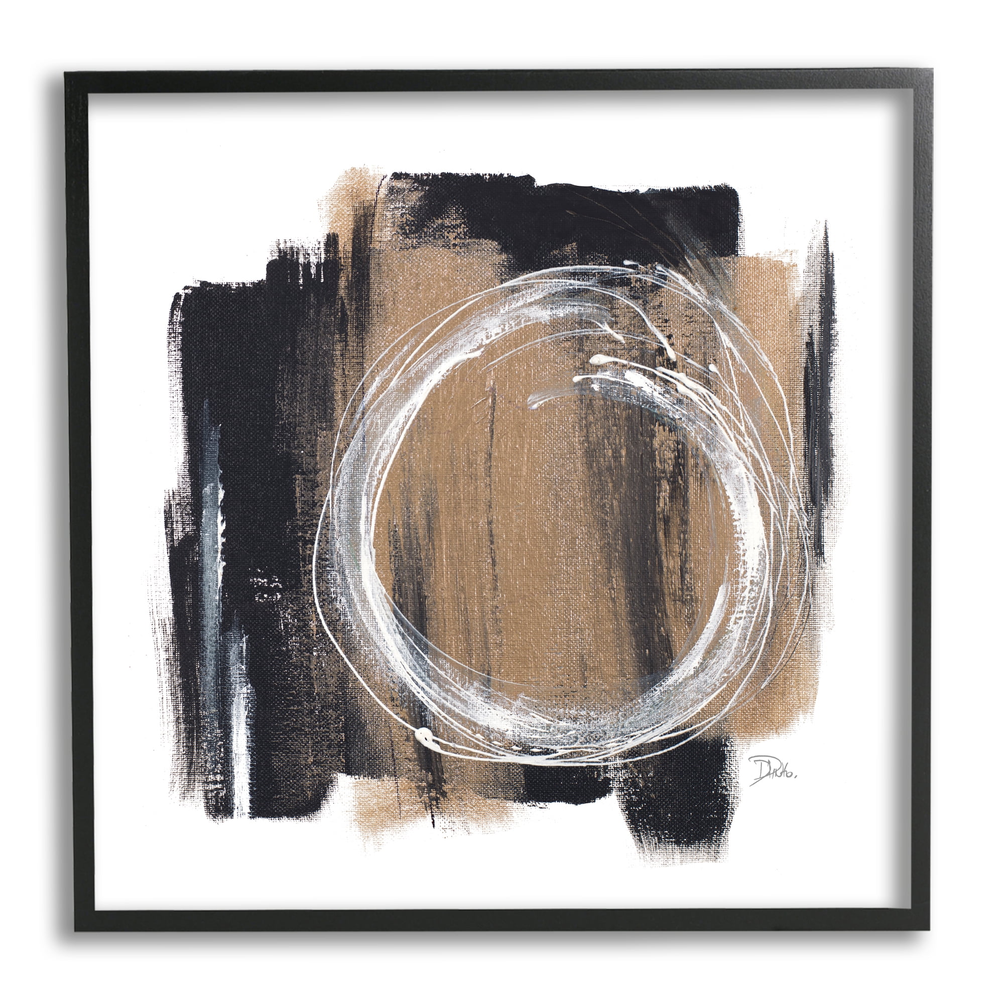 Stupell Industries Circular Spiral Abstraction over Rustic Black Brown Abstract Painting Black Framed Art Print Wall Art, 12 x 12