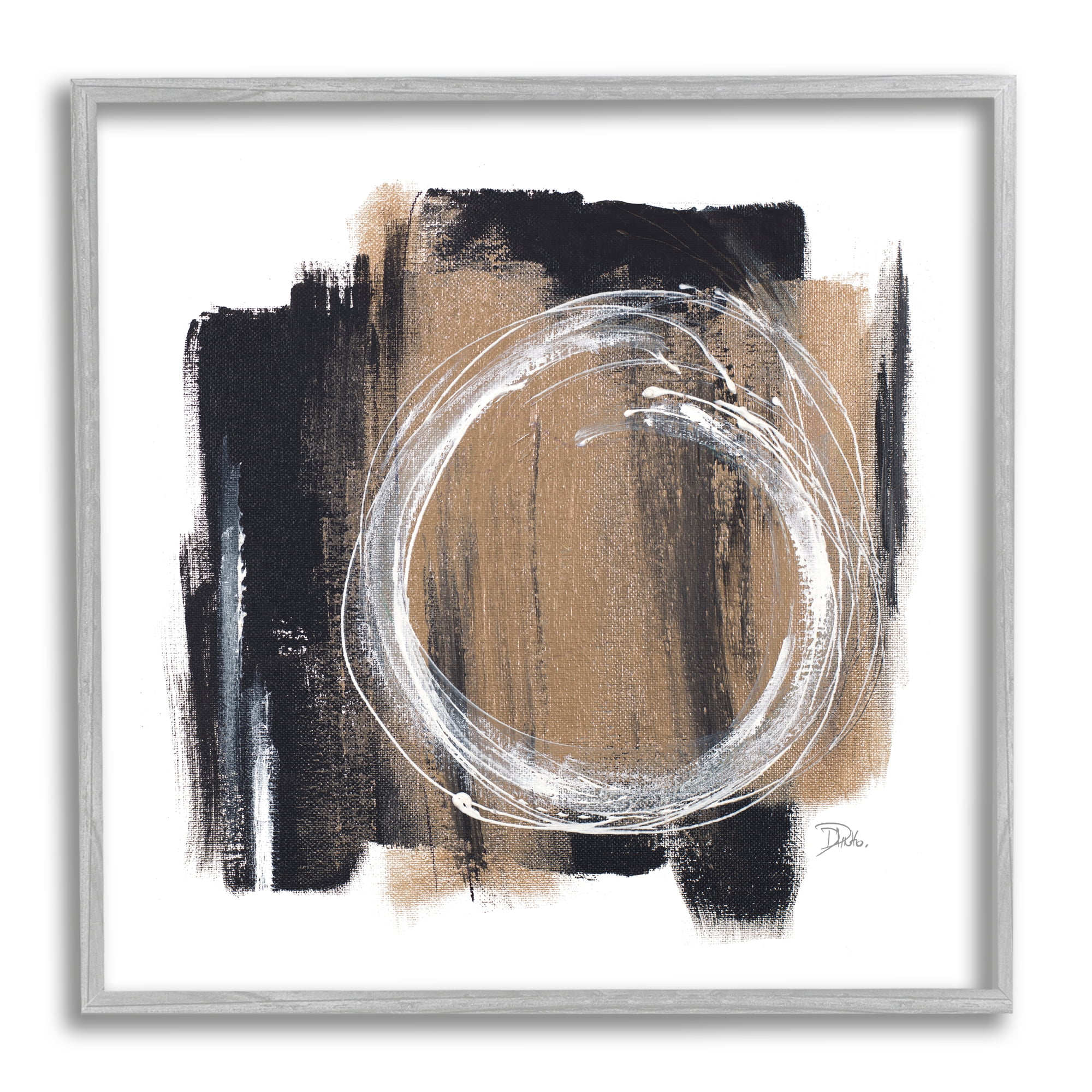 Stupell Industries Circular Spiral Abstraction over Rustic Black Brown Abstract Painting Gray Framed Art Print Wall Art, 12 x 12