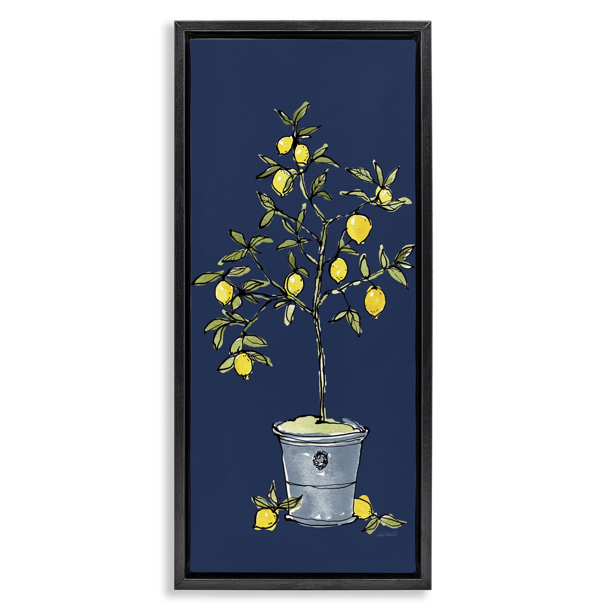 Stupell Industries Citron Lemon Plant Botanical & Floral Painting Black Floater Framed Canvas Art Print Wall Art, 15 x 31