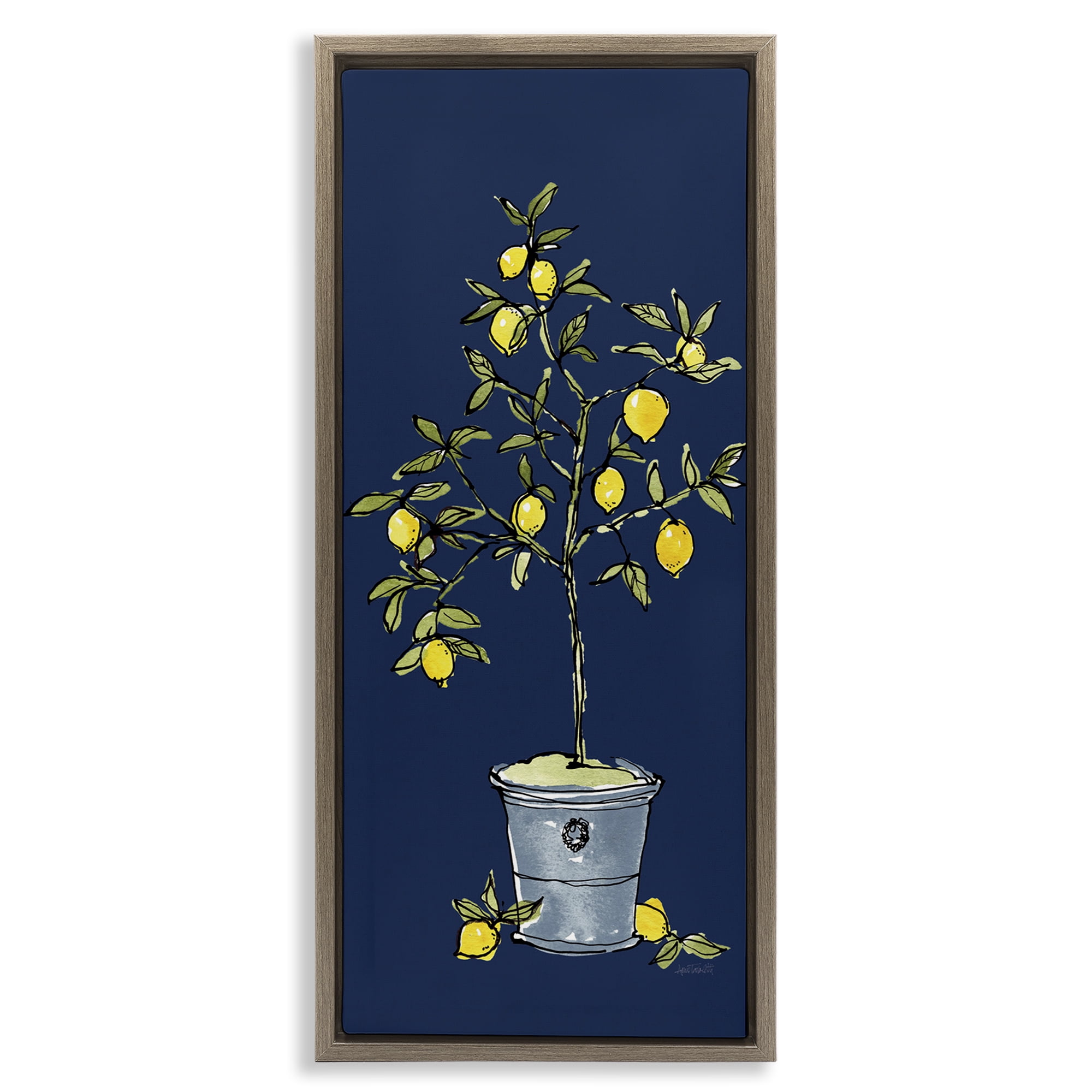 Stupell Industries Citron Lemon Plant Botanical & Floral Painting Brown Floater Framed Canvas Art Print Wall Art, 11 x 25
