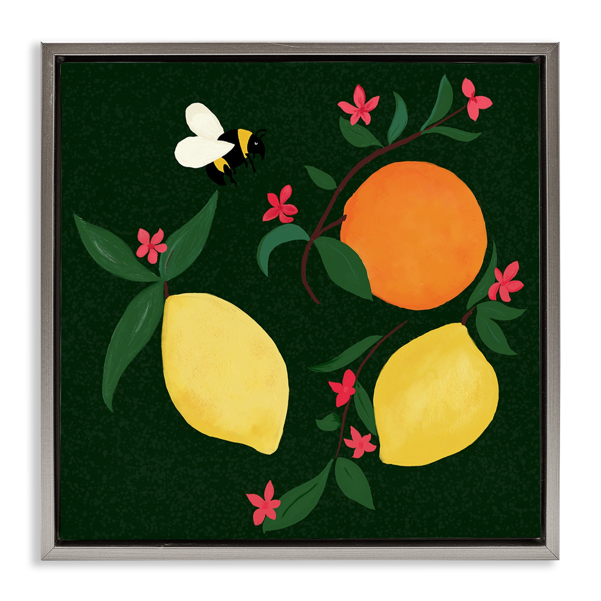 Stupell Industries Citrus & Bumble Bee Food & Beverage Painting Gray Floater Framed Canvas Art Print Wall Art, 18 x 18