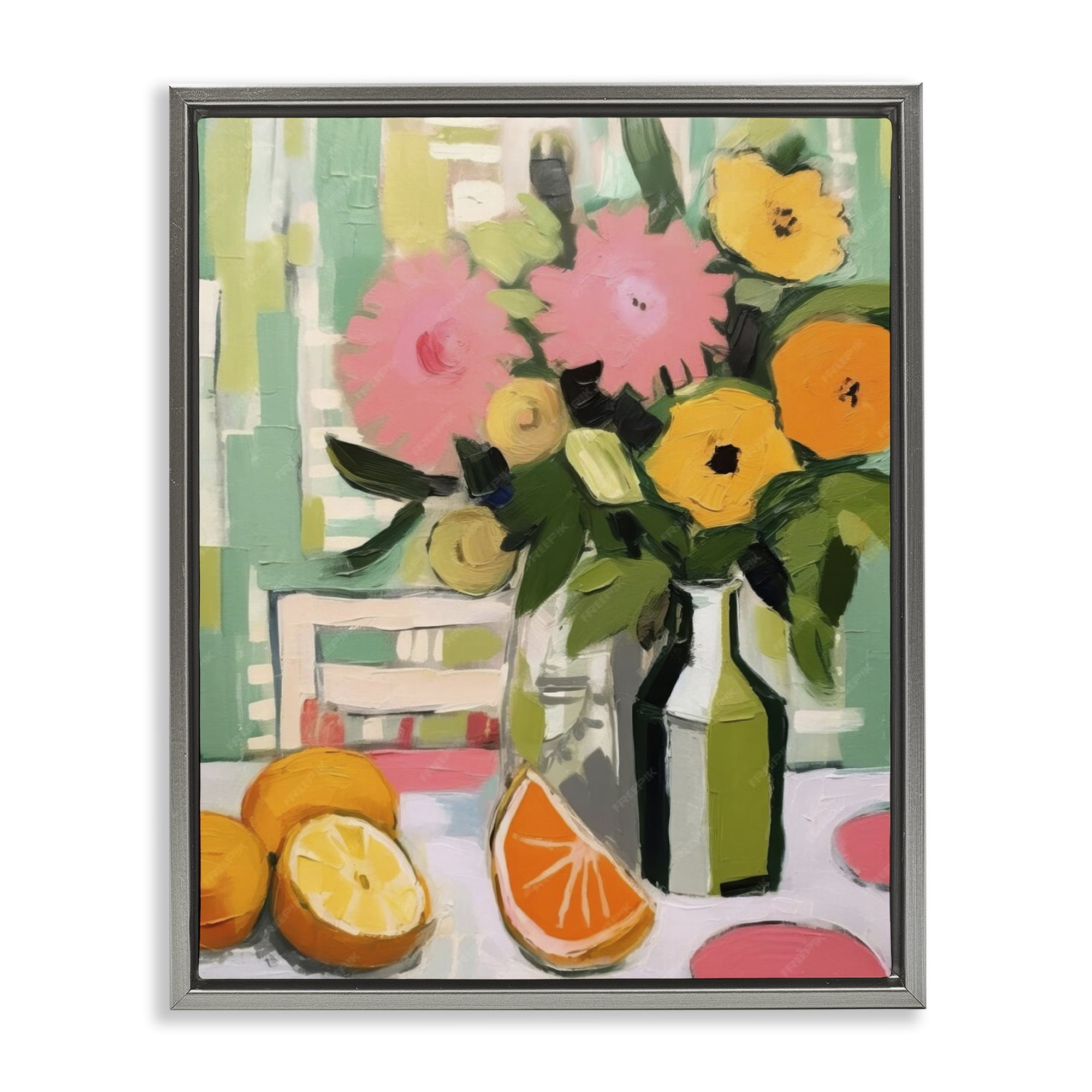 Stupell Industries Citrus Slices & Bouquet Food & Beverage Painting Gray Floater Framed Canvas Art Print Wall Art, 17 x 21