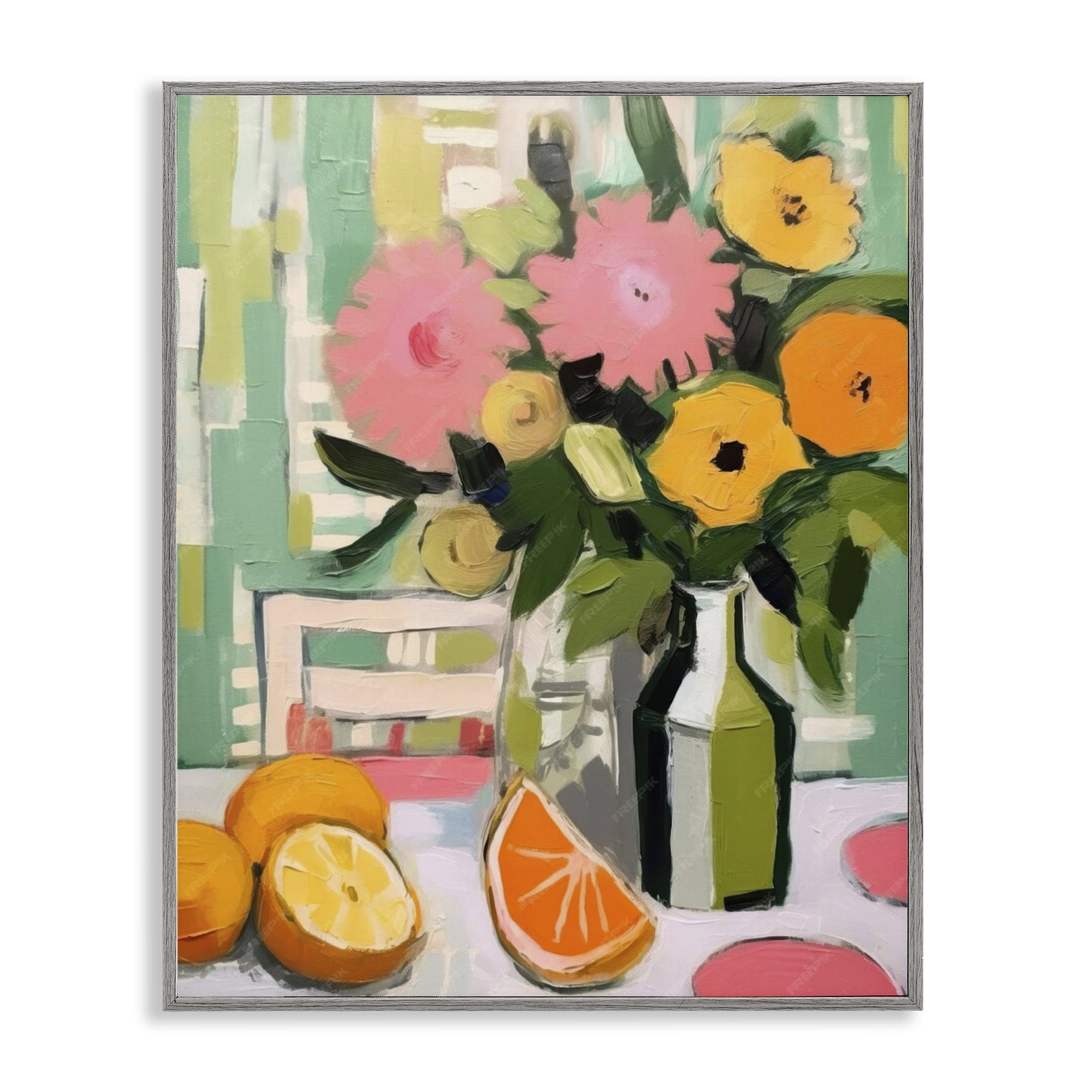 Stupell Industries Citrus Slices & Bouquet Food & Beverage Painting Gray Framed Art Print Wall Art, 16 x 20